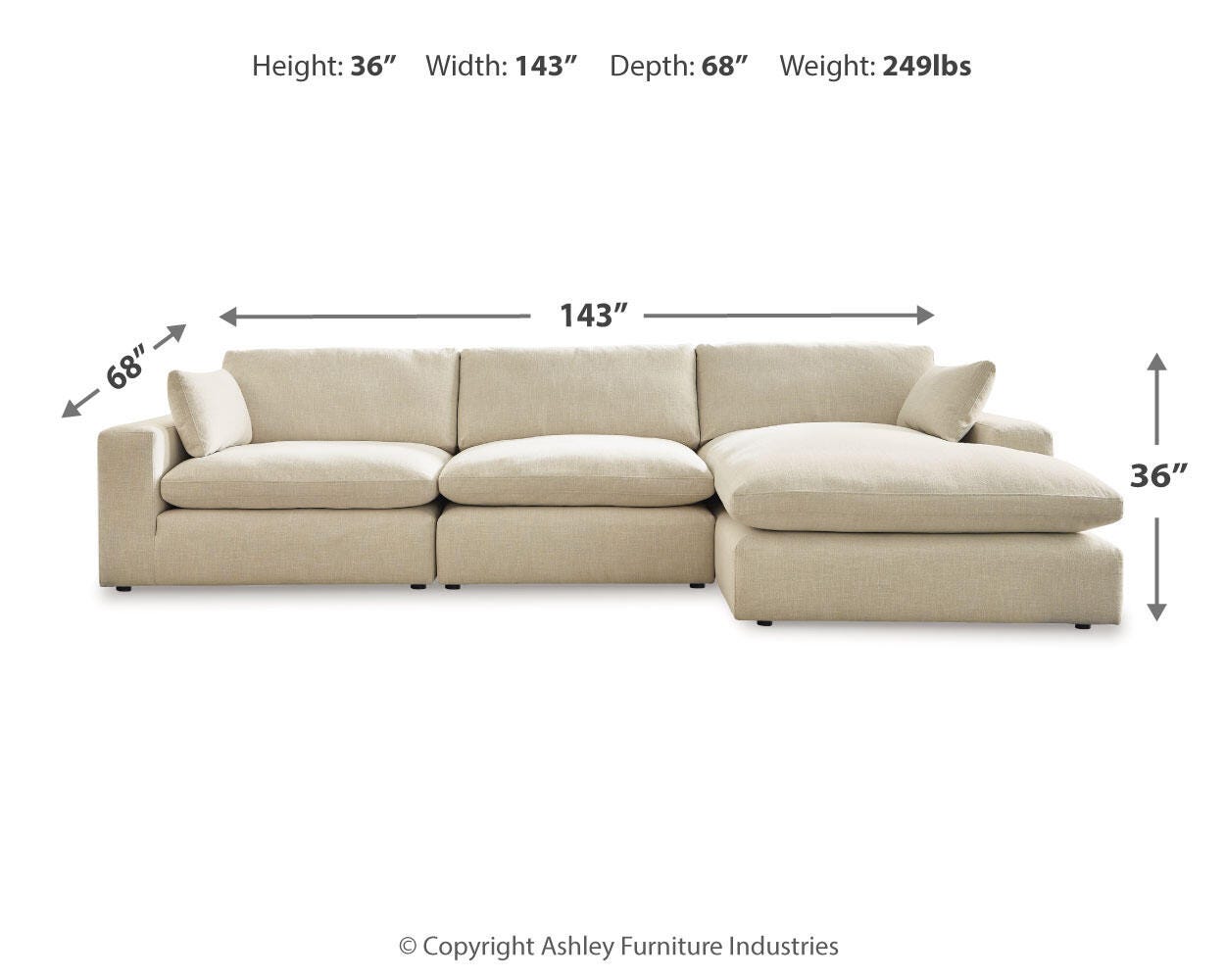 Elyza 3-Piece RAF Chaise Sectional in Linen Chenille