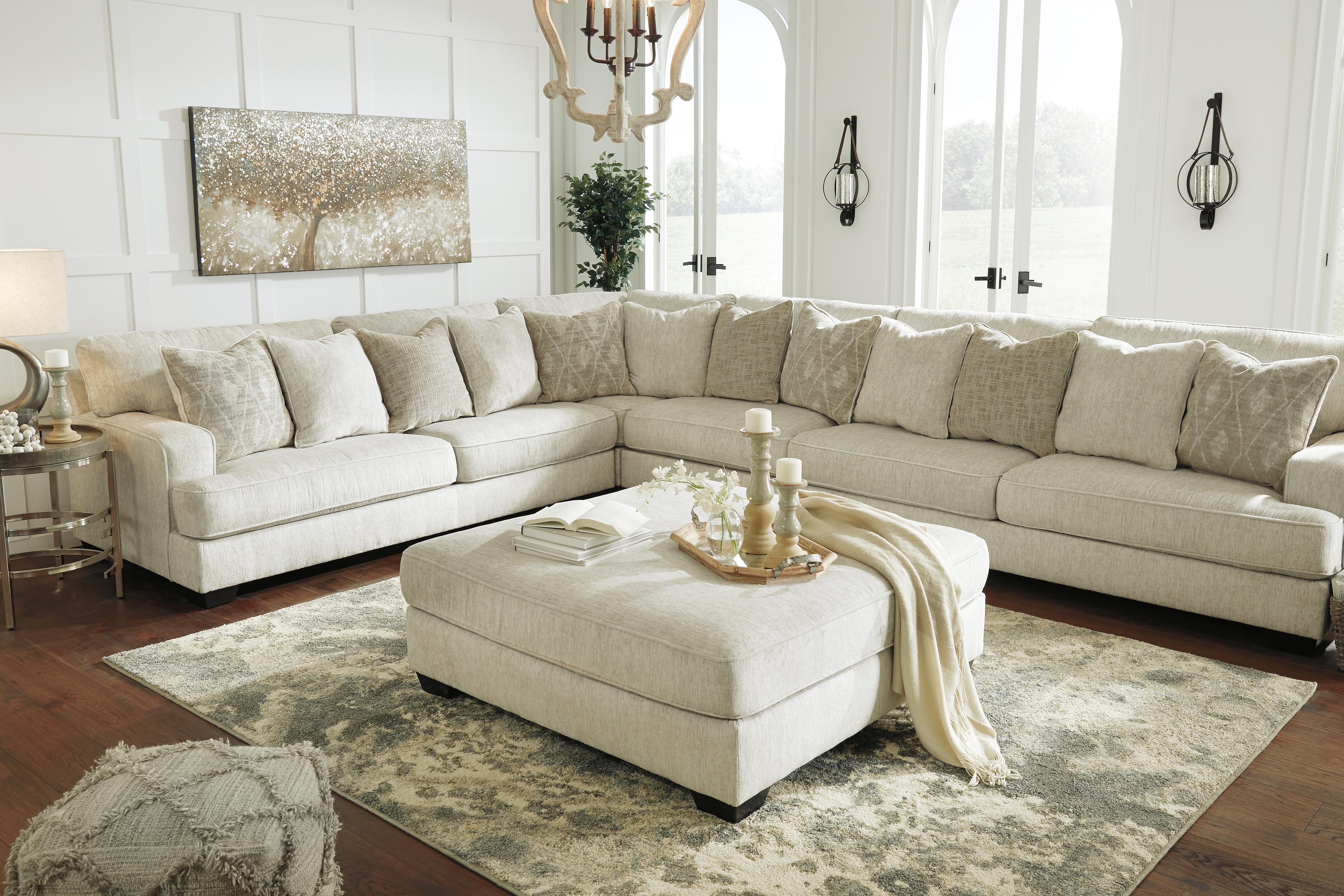 Rawcliffe 5-Piece Sectional and Oversized Ottoman in Parchment