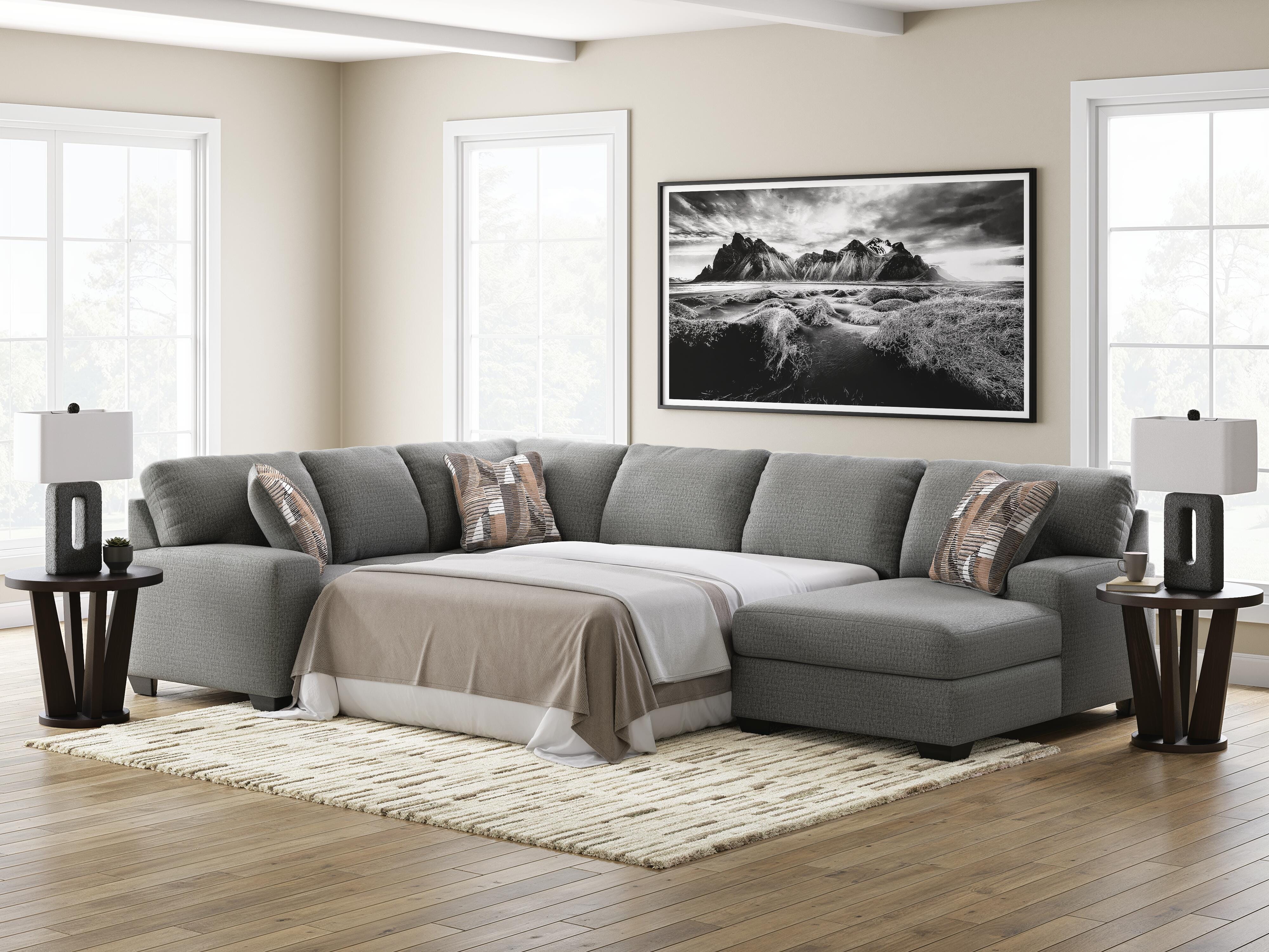 Clarington 3-Piece RAF Chaise Sleeper Sectional in Greystone Chenille