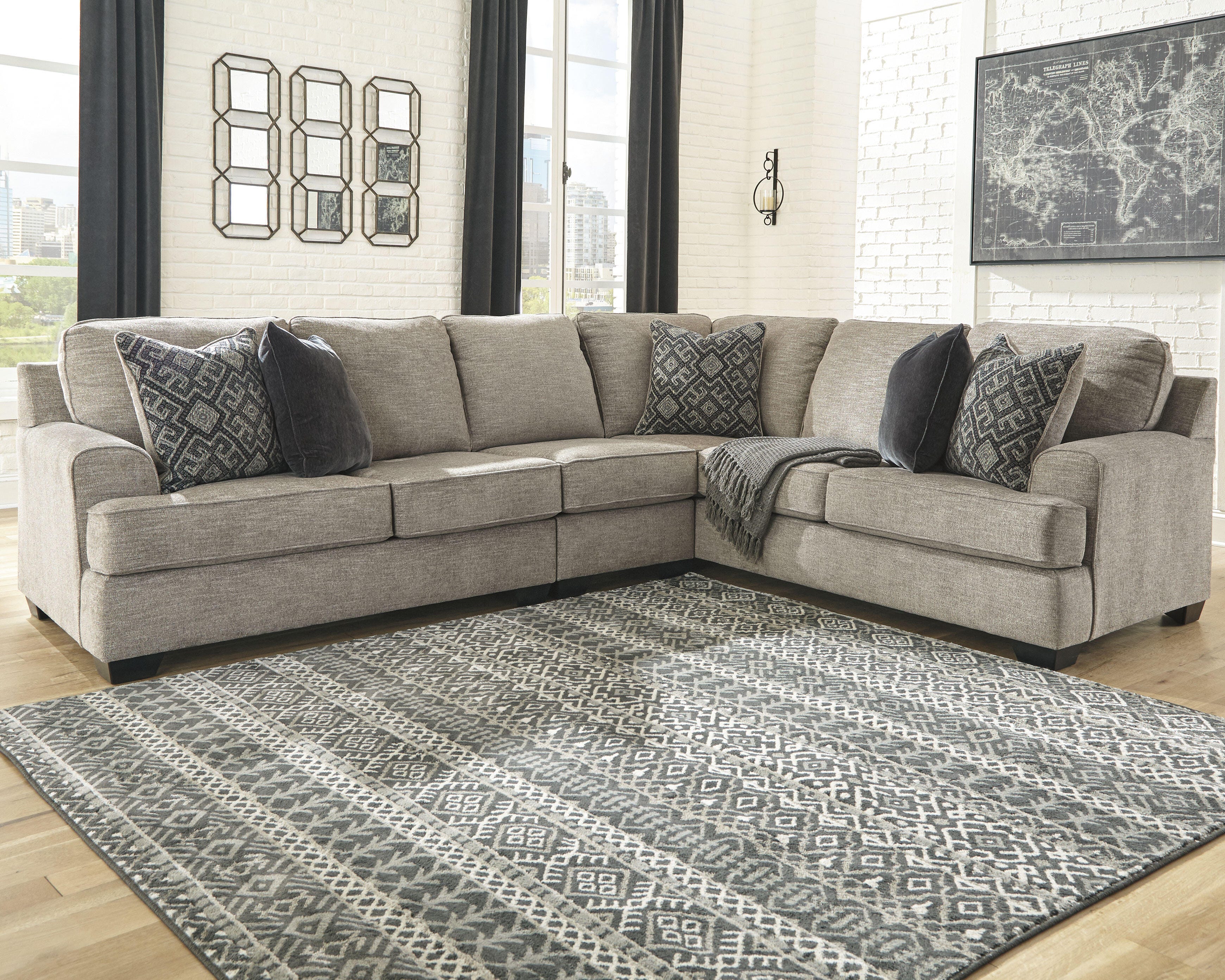 Bovarian 3-Piece Sectional with Ottoman in Stone