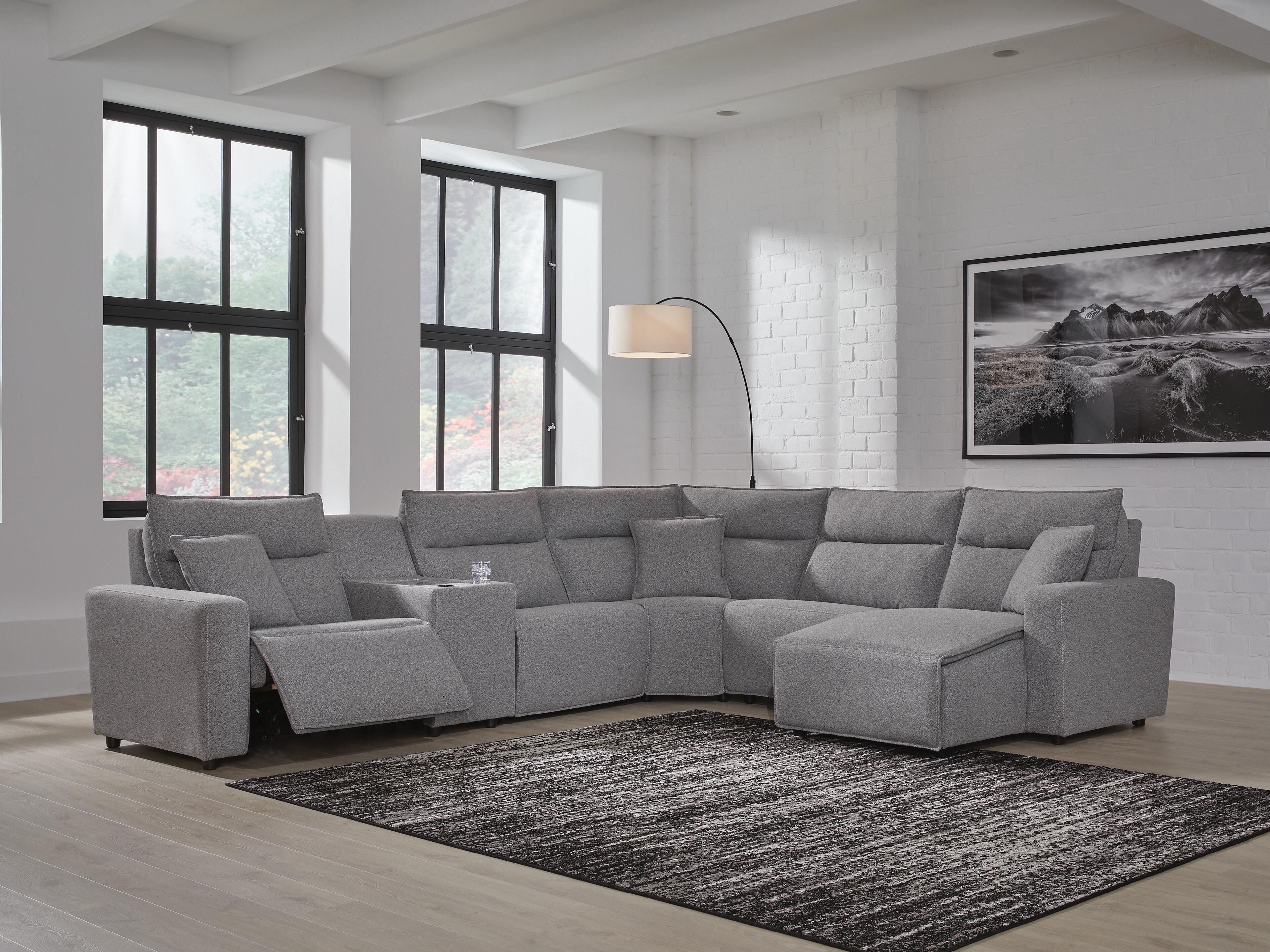 Modmax II 6-Piece RAF Chaise Power Reclining Sectional and Console in Salt and Pepper Next-Gen Nuvella