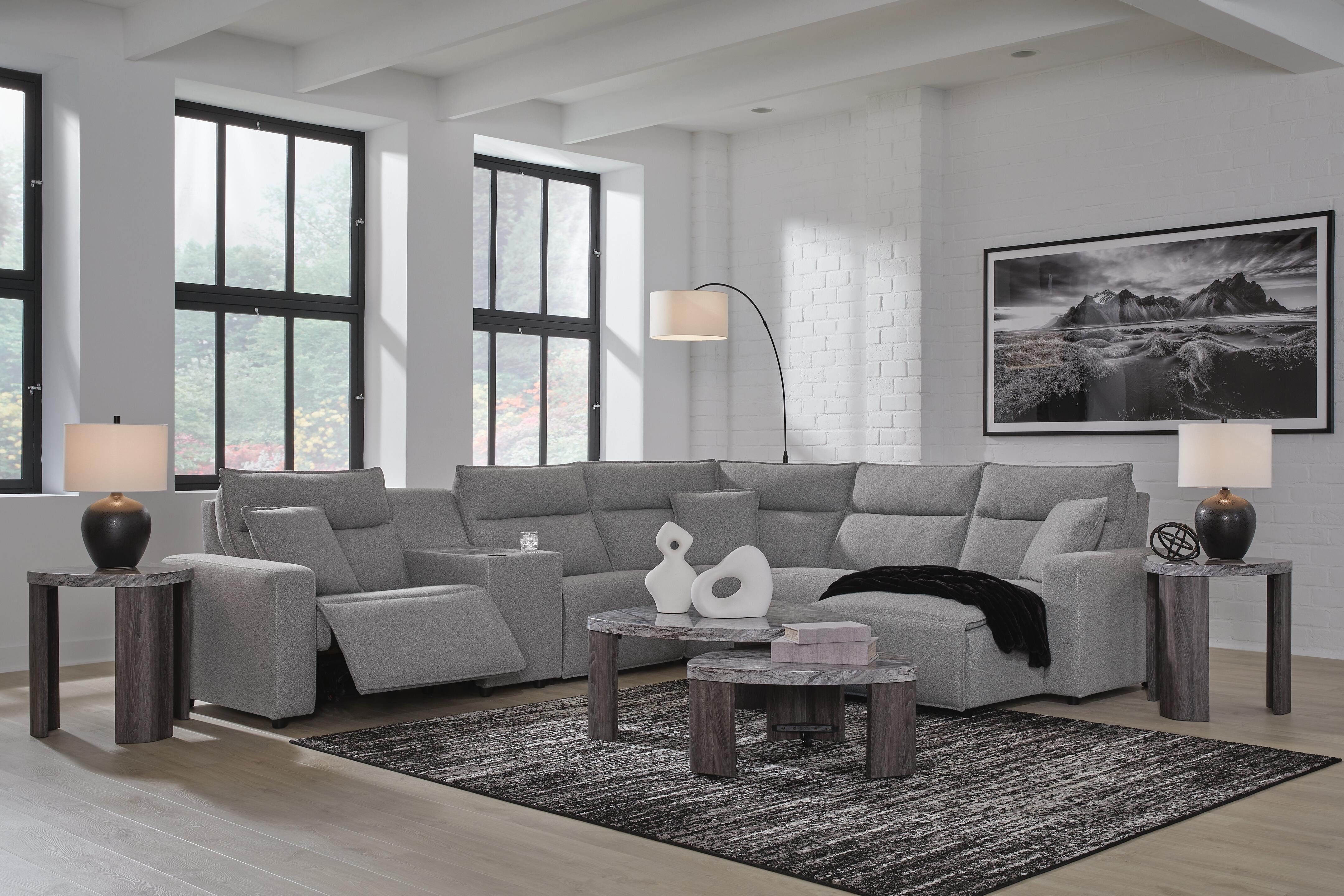 Modmax II 6-Piece RAF Chaise Power Reclining Sectional and Console in Salt and Pepper Next-Gen Nuvella