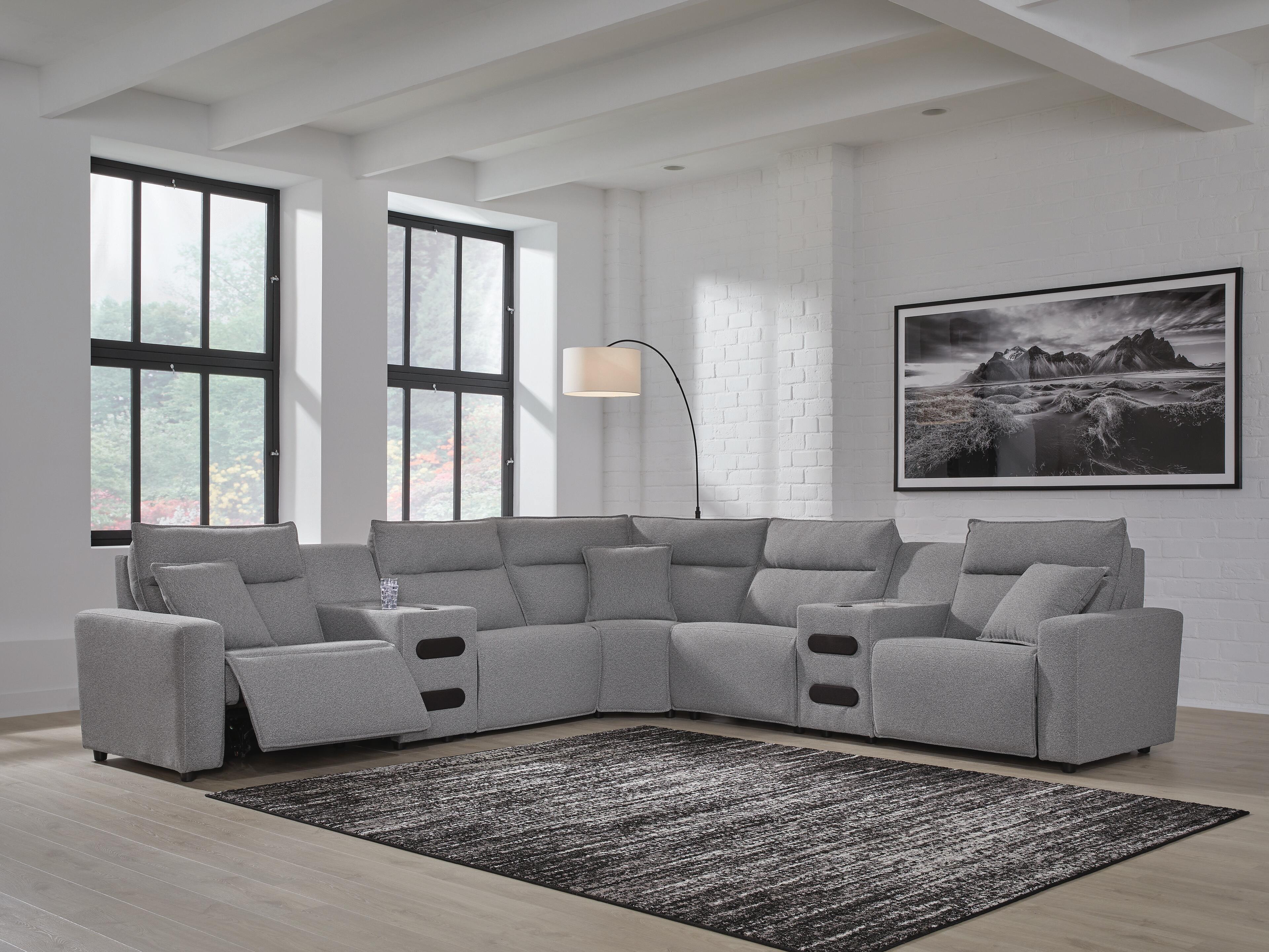 Modmax II 7-Piece Power Reclining Sectional w/ Audio Consoles in Salt and Pepper Next-Gen Nuvella
