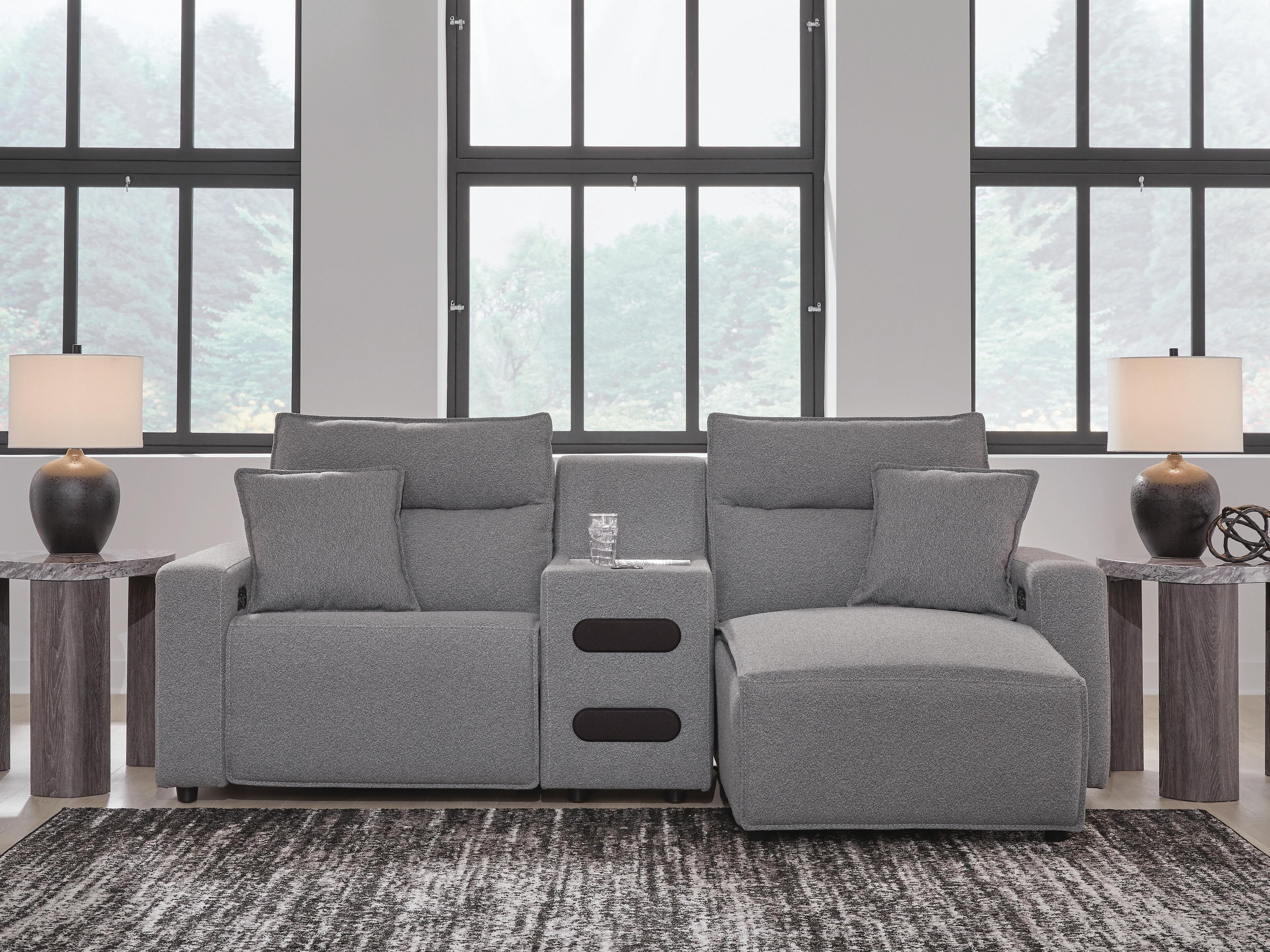 Modmax II 3-Piece RAF Chaise Power Reclining Sectional and Audio Console in Salt and Pepper Next-Gen Nuvella