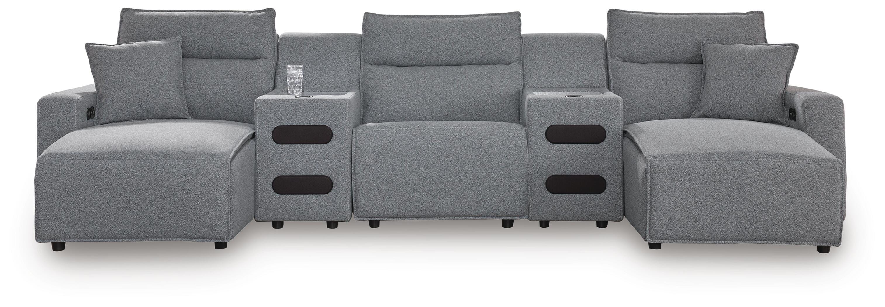 Modmax II 5-Piece Double Chaise Power Reclining Sectional and Audio Consoles in Salt and Pepper Next-Gen Nuvella