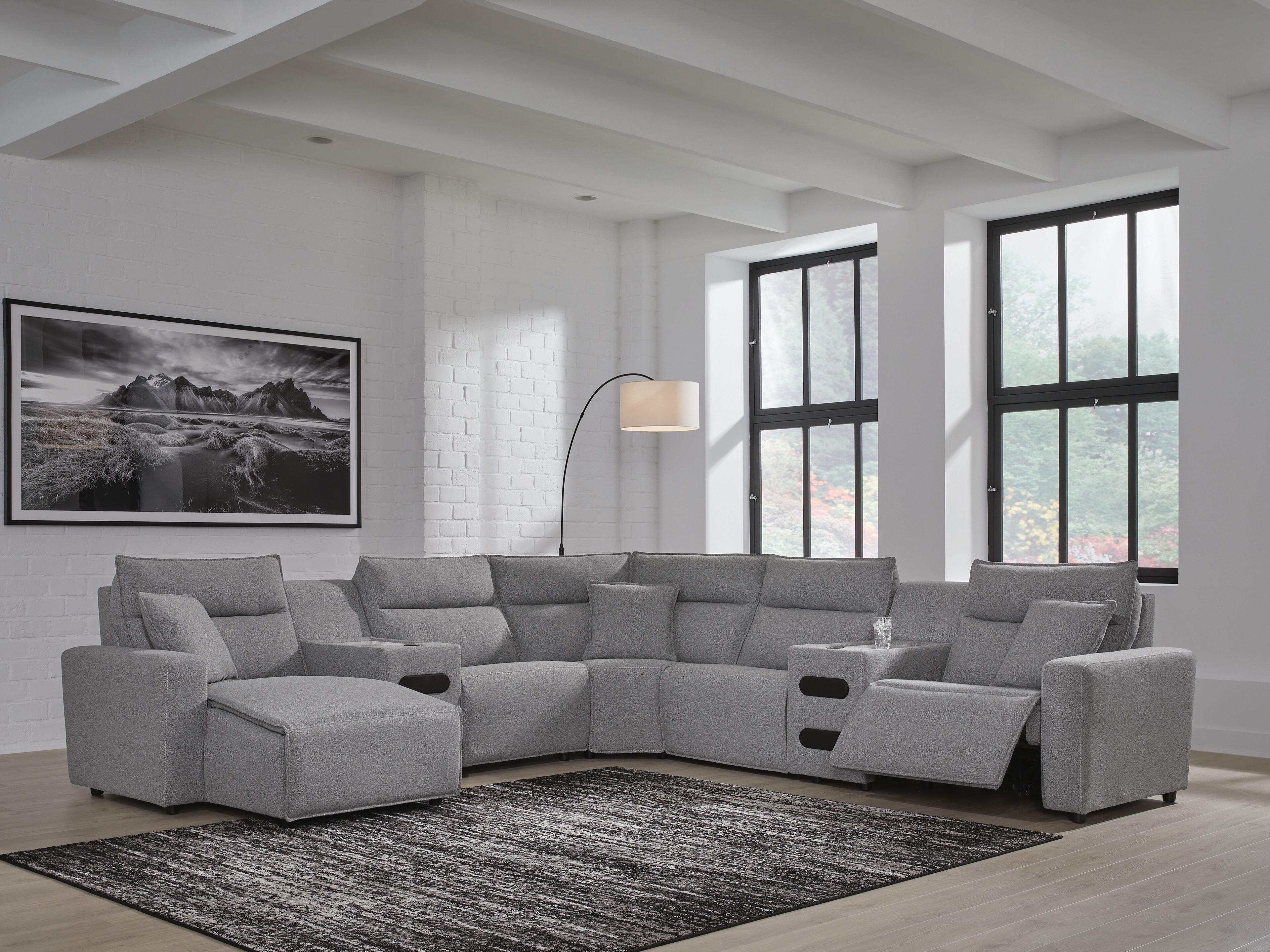 Modmax II 7-Piece LAF Chaise Power Reclining Sectional and Audio Consoles in Salt and Pepper Next-Gen Nuvella