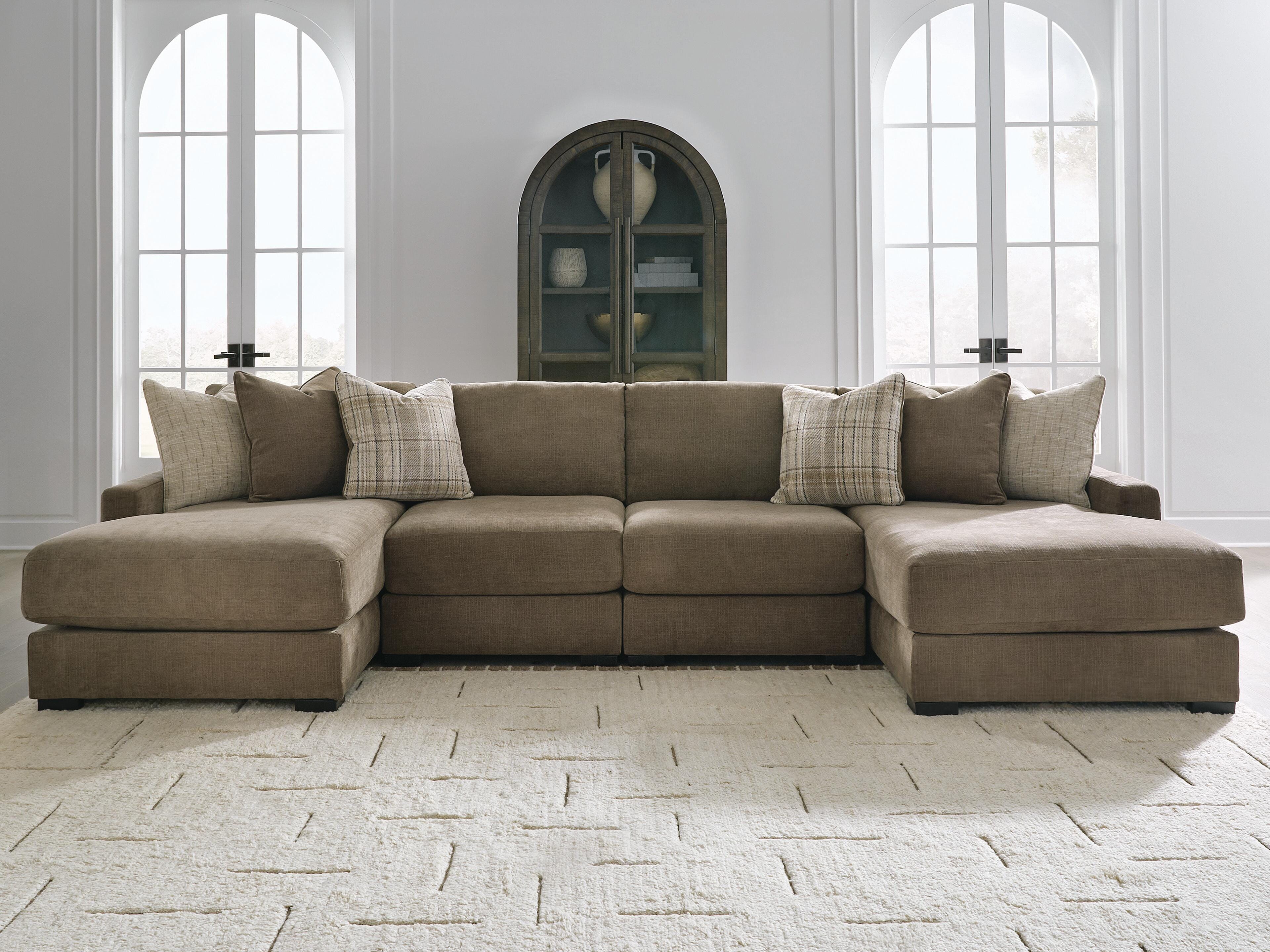 Camellia-Court 4-Piece Double Chaise Sectional in Coffee