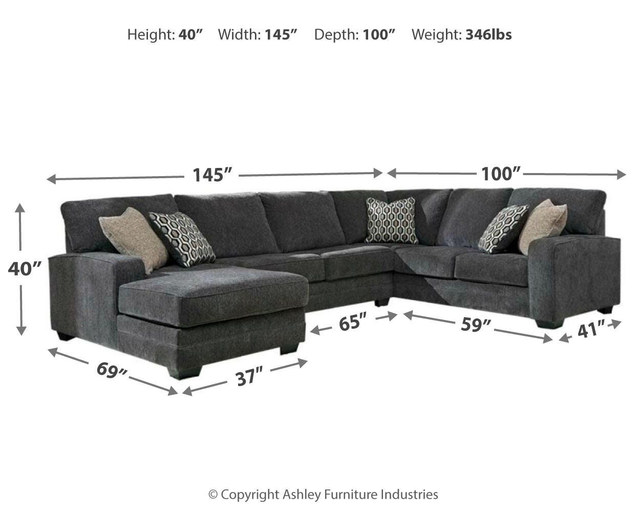 Tracling 3-Piece LAF Chaise Sectional in Slate Chenille