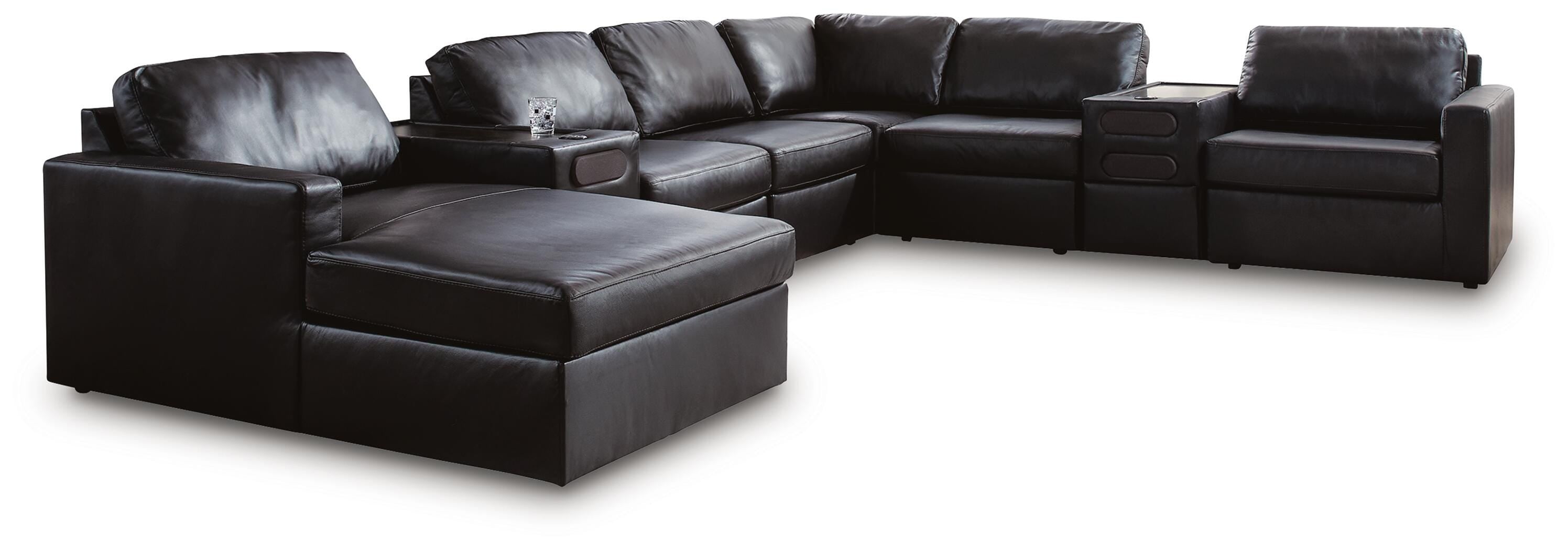 Modmax II 8-Piece LAF Chaise Sectional and Audio Consoles in Black Leather