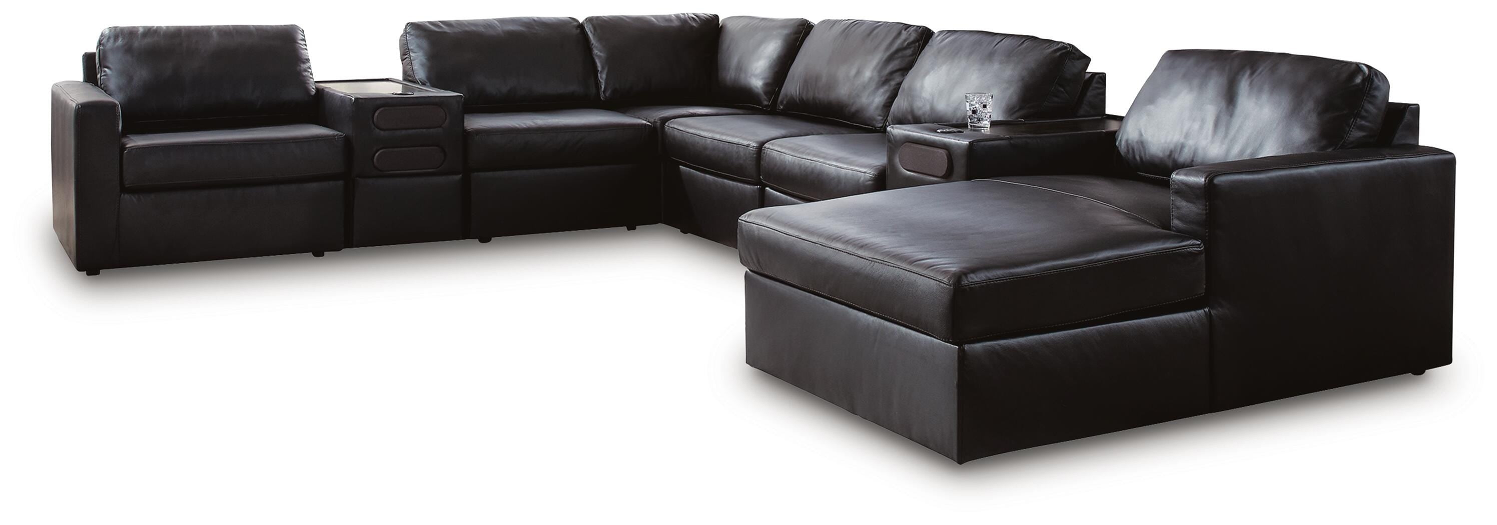 Modmax II 8-Piece RAF Chaise Sectional and Audio Consoles in Black Leather