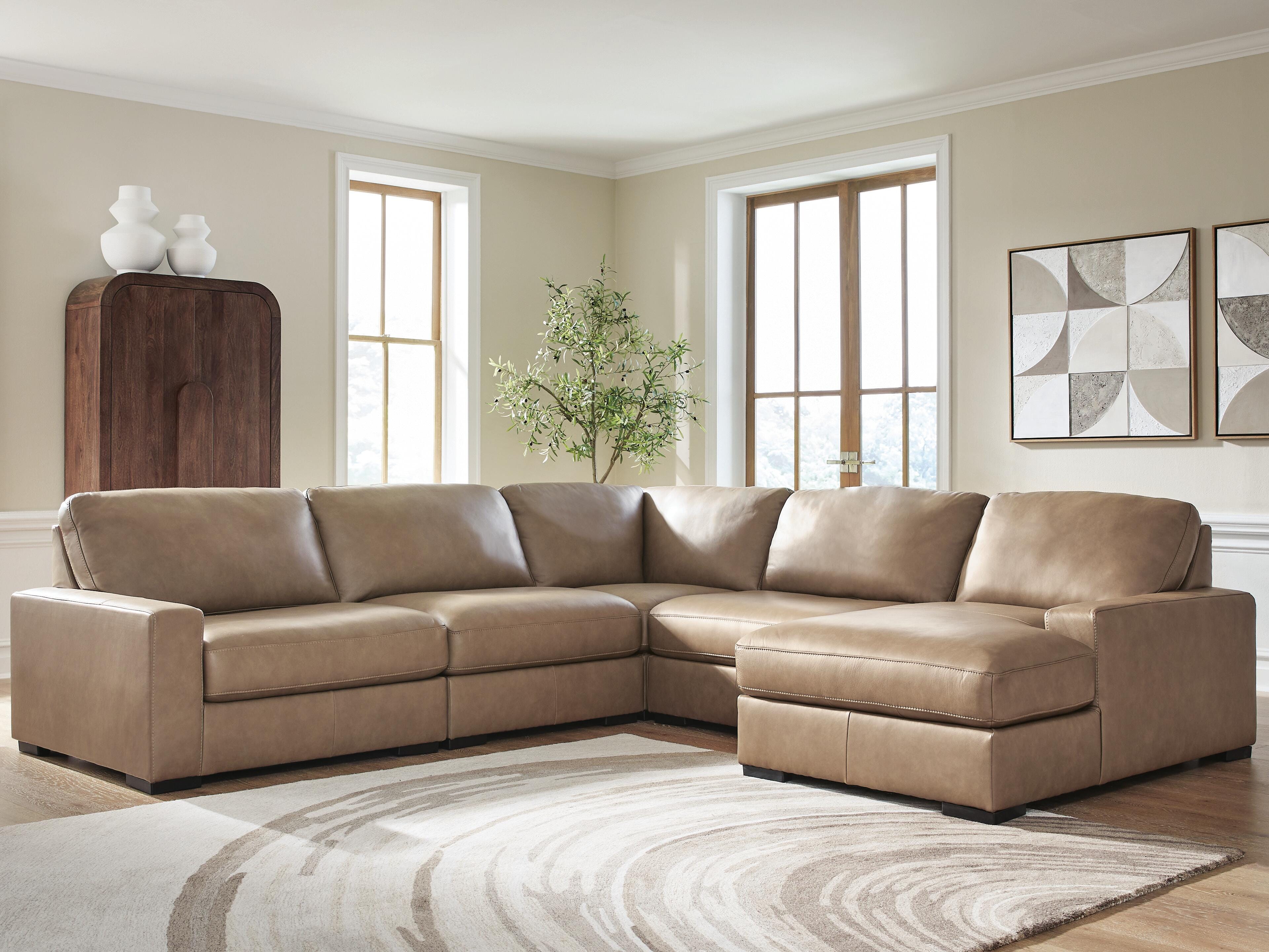 Veronella 5-Piece RAF Chaise Sectional in Sahara Leather