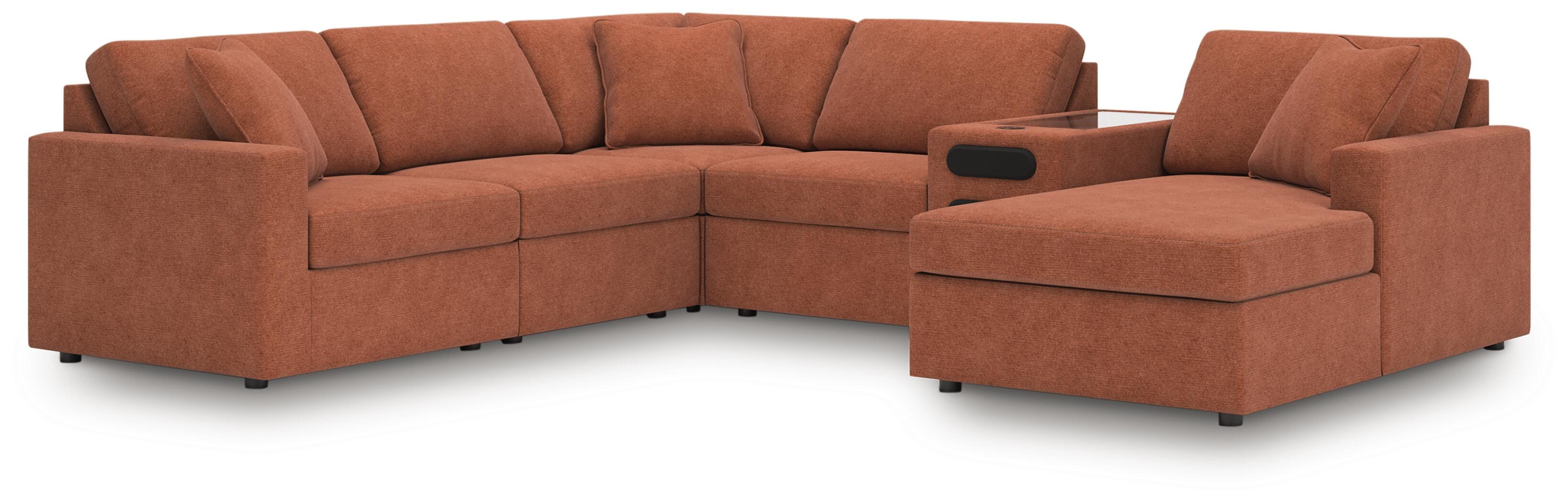Modmax 6-Piece Sectional with Audio System and RAF Chaise in Spice Performance Fabric and Next-Gen Nuvella