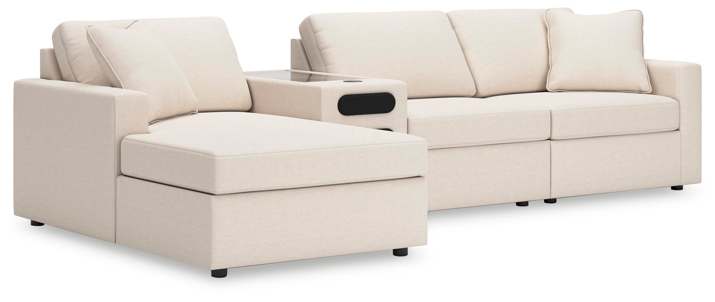 Modmax 4-Piece LAF Chaise Sectional and Audio Console in Oyster Performance Fabric and Next-Gen Nuvella