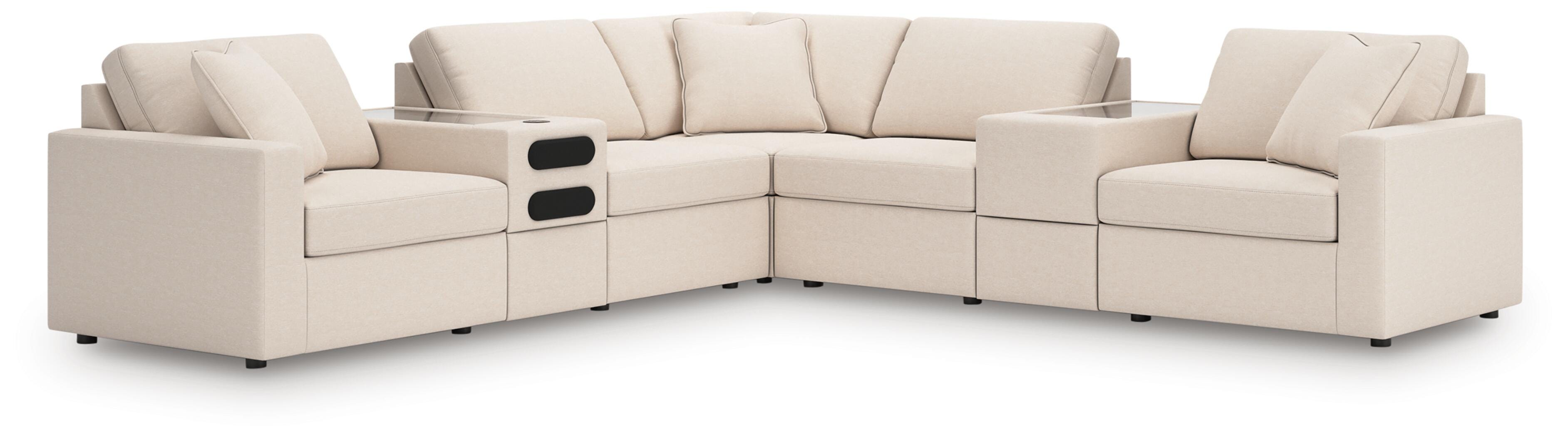 Modmax 7-Piece Balanced Sectional with Audio and Storage Consoles in Oyster Performance Fabric and Next-Gen Nuvella