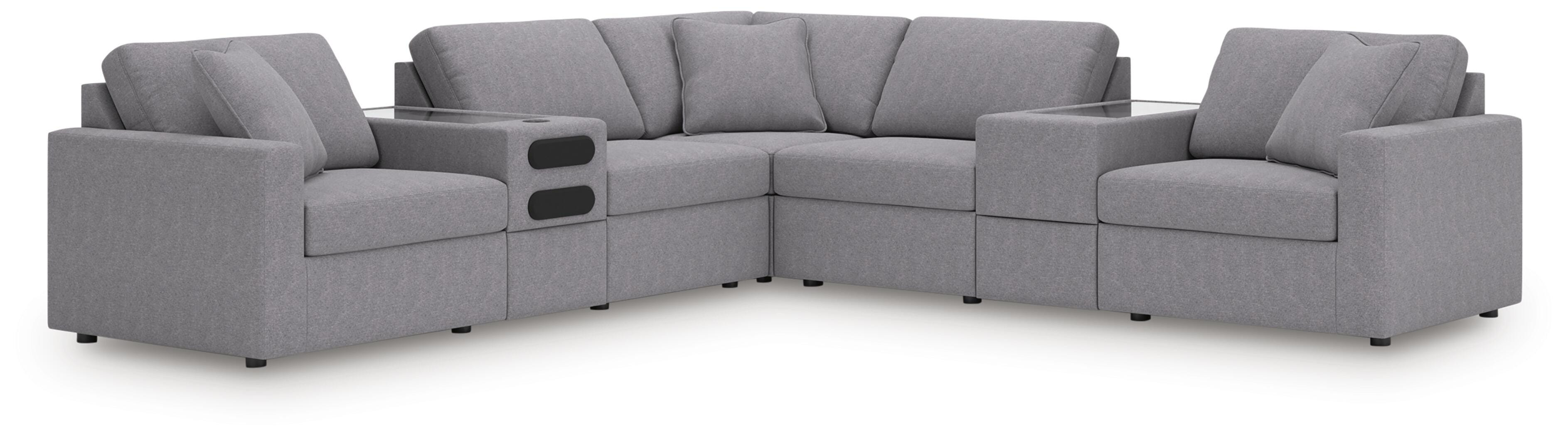 Modmax 7-Piece Balanced Sectional with Audio and Storage Consoles in Granite Performance Fabric and Next-Gen Nuvella