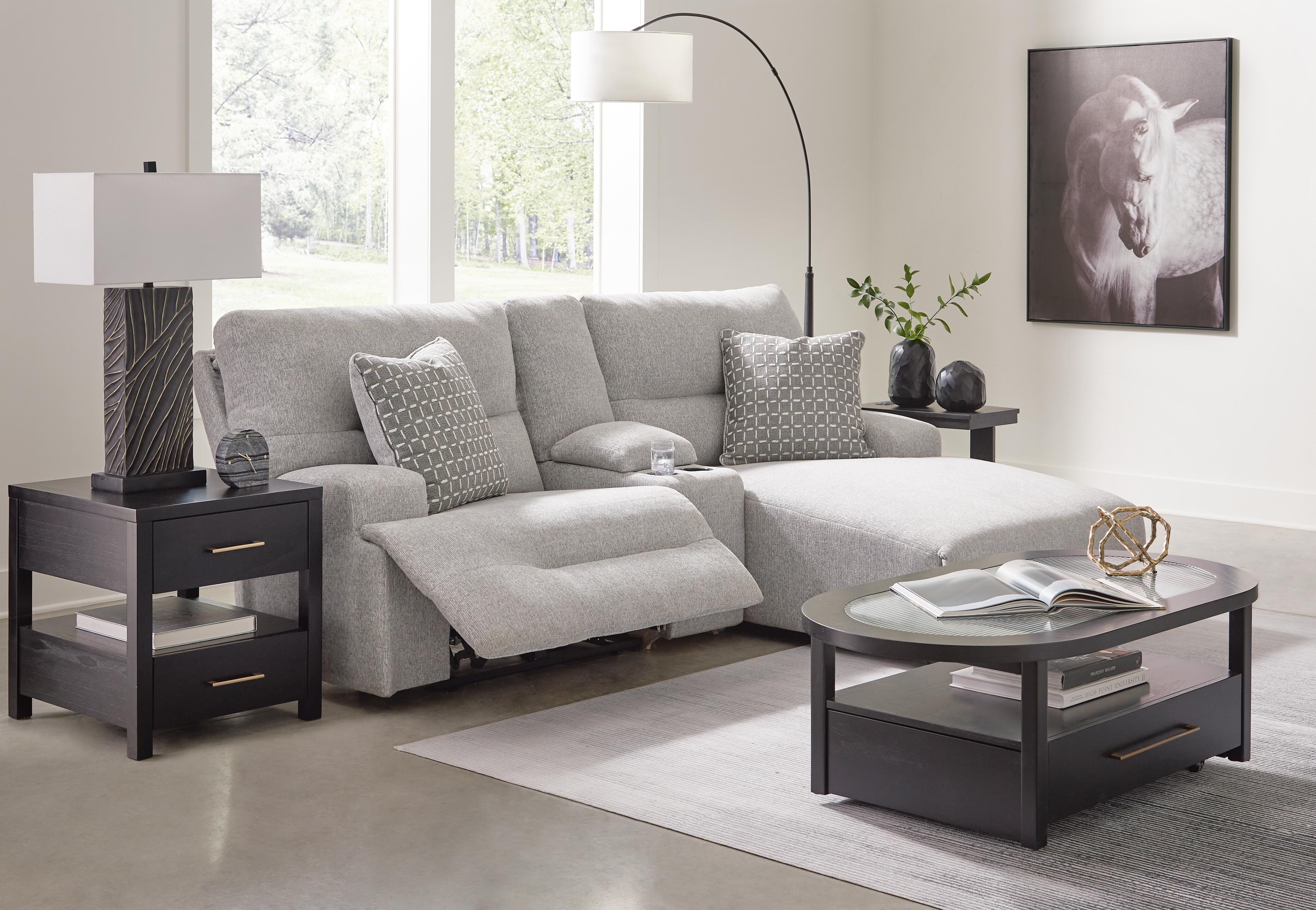 Acklen Place 3-Piece RAF Chaise Power Reclining Sectional Sofa in Pewter Performance Fabric and Next-Gen Nuvella
