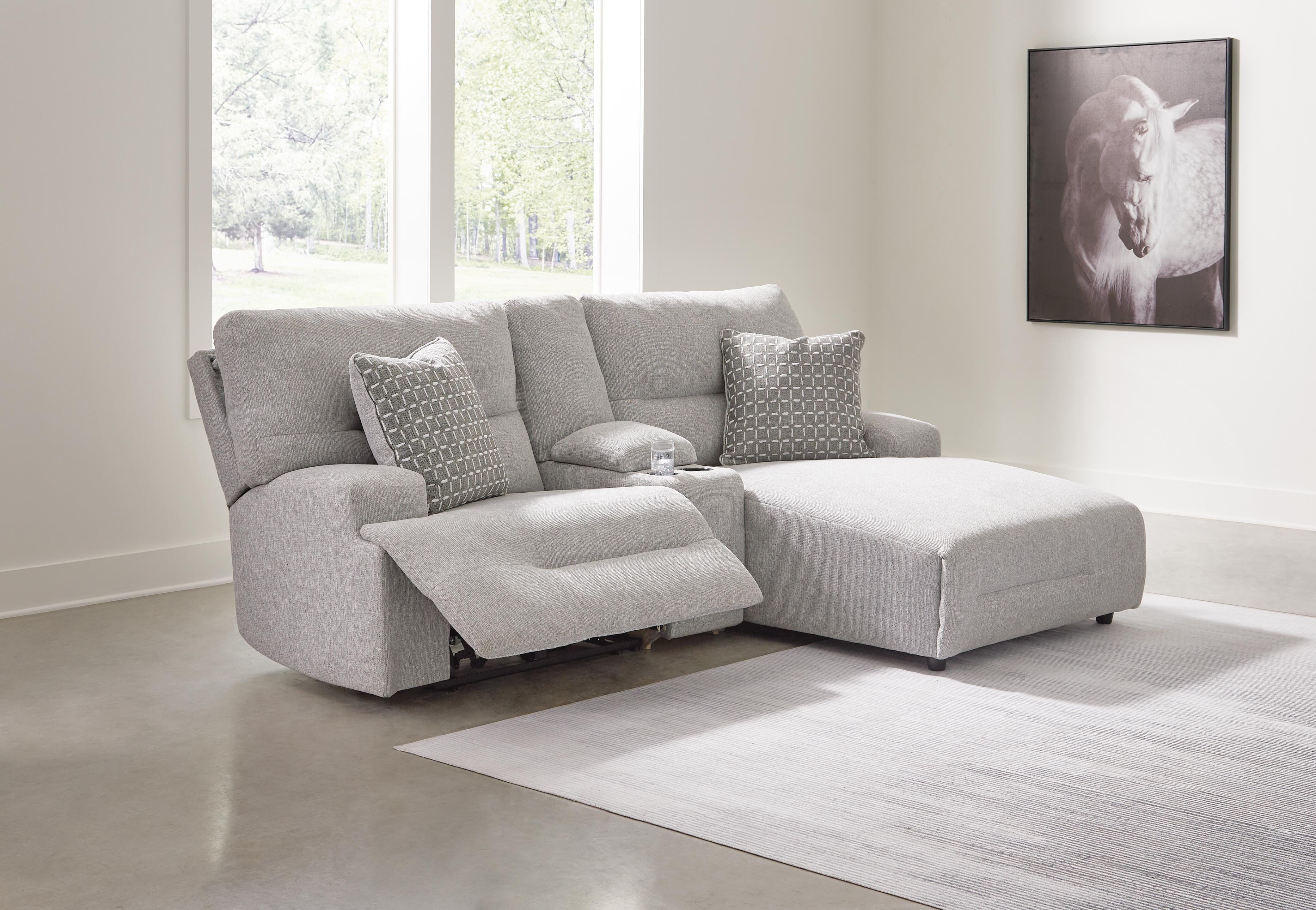 Acklen Place 3-Piece RAF Chaise Power Reclining Sectional Sofa in Pewter Performance Fabric and Next-Gen Nuvella