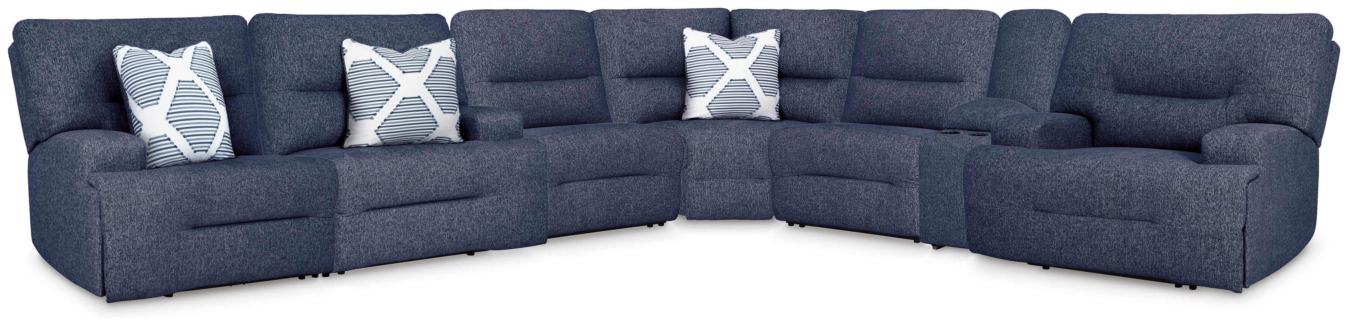 Acklen Place 7-Piece Power Reclining Sectional in Navy Performance Fabric and Next-Gen Nuvella