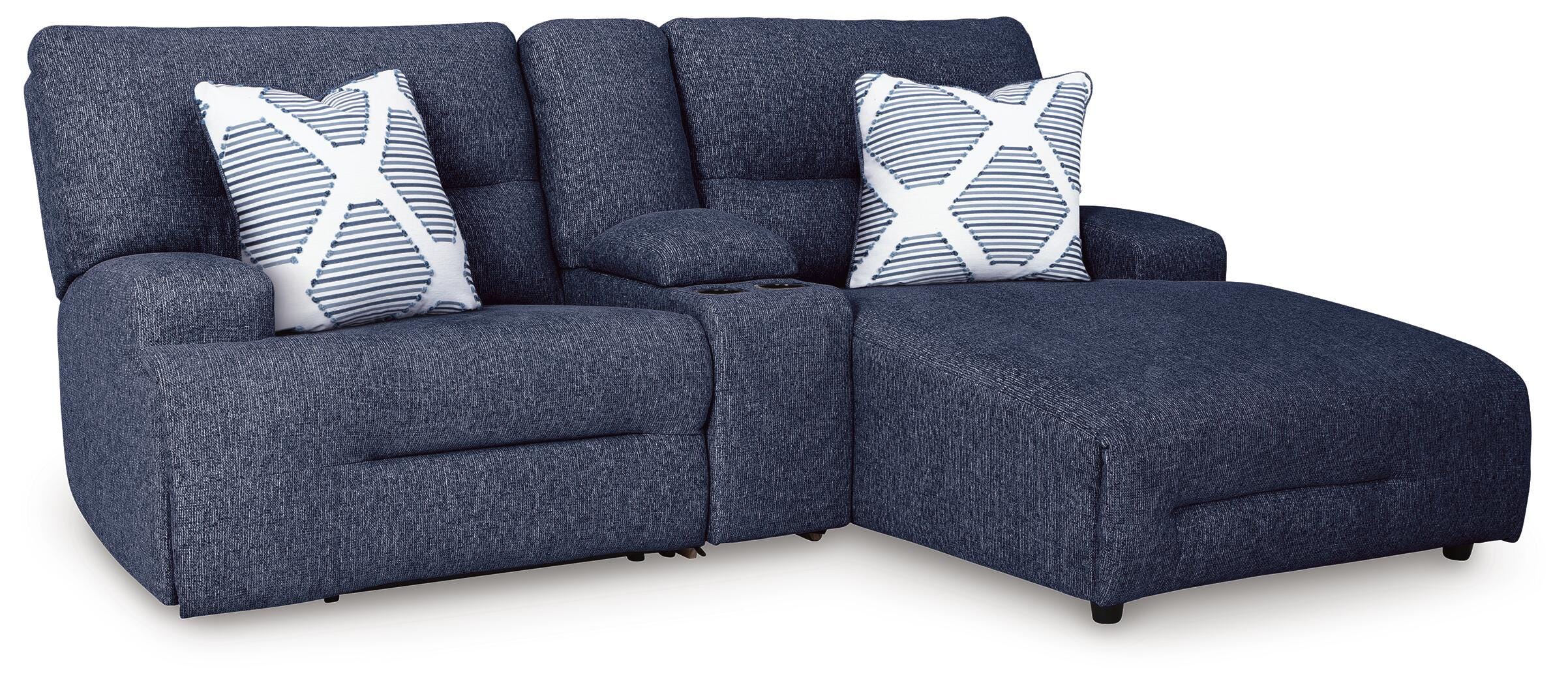 Acklen Place 3-Piece RAF Chaise Power Reclining Sectional Sofa in Navy Performance Fabric and Next-Gen Nuvella