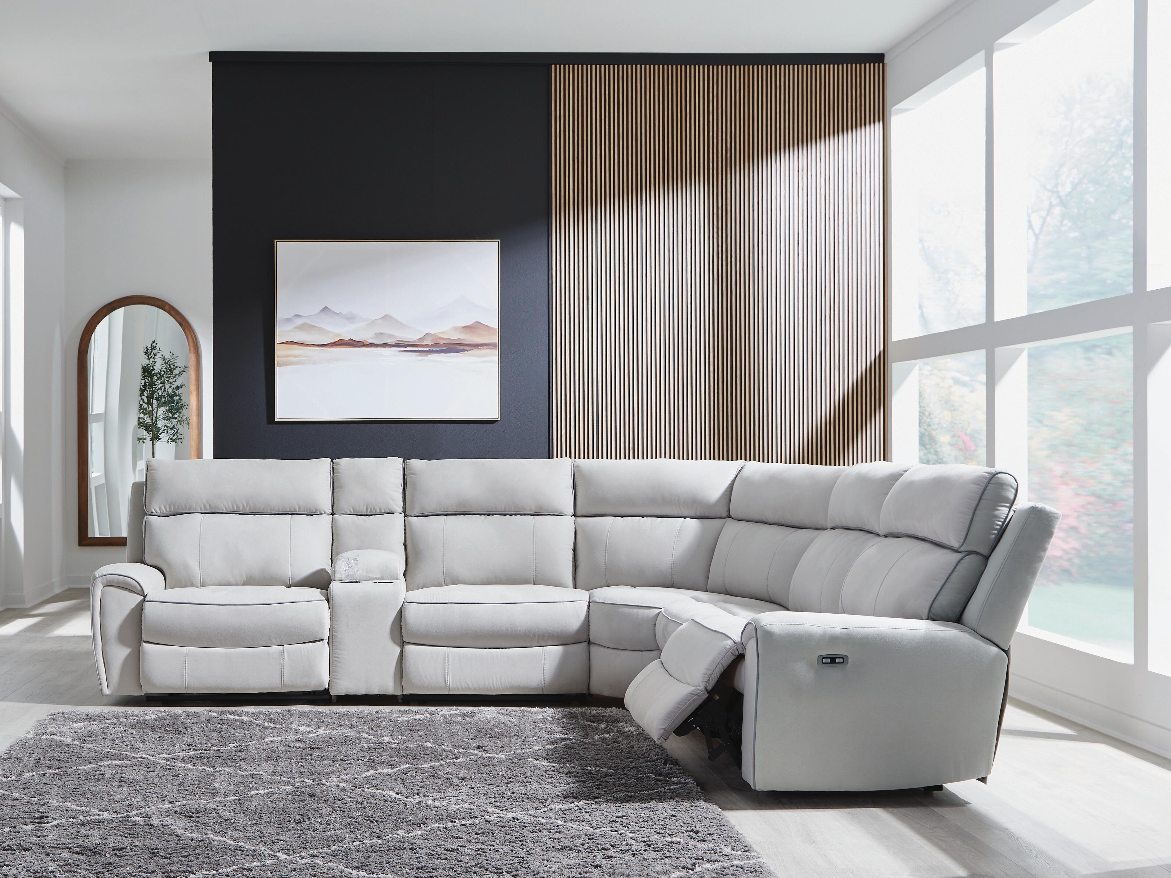Social Pointe 6-Piece Reclining Sectional with Storage Console in Pearl/Ash Chenille