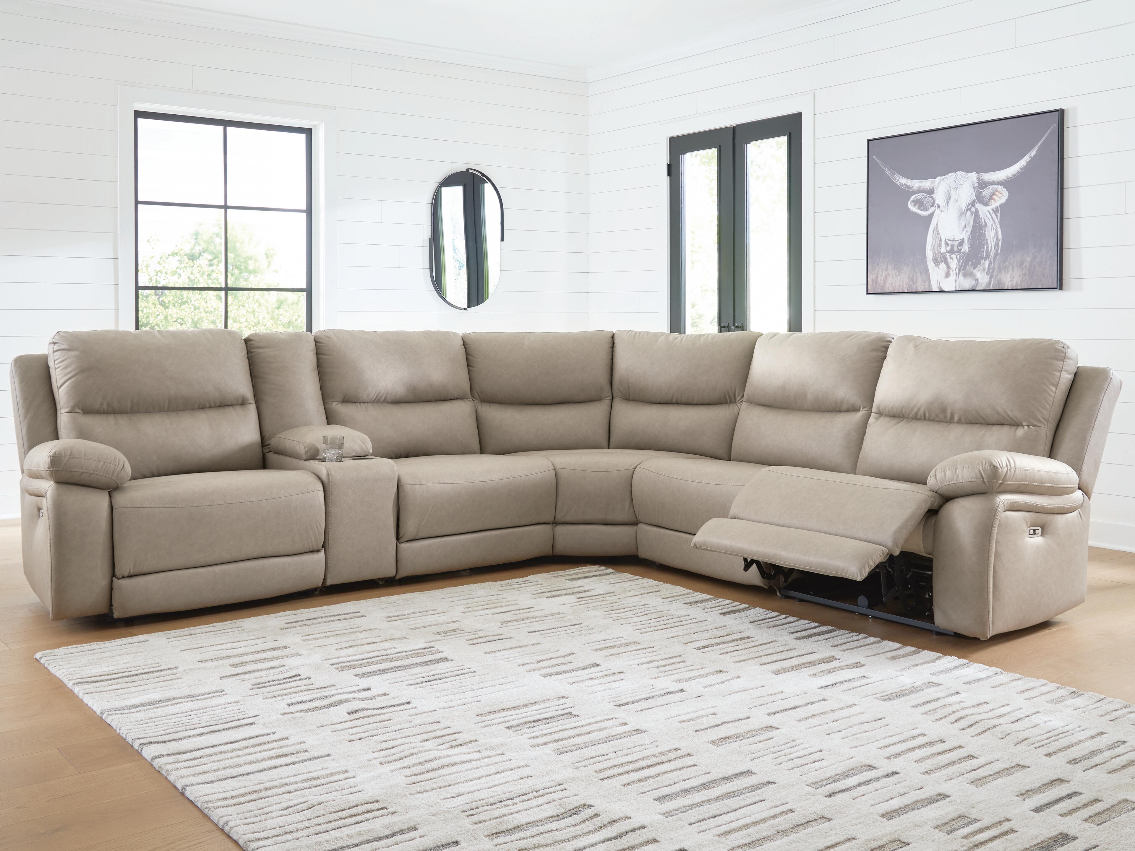 Narwhal Place 6-Piece Reclining Sectional with Storage Console in Pebble Faux Leather