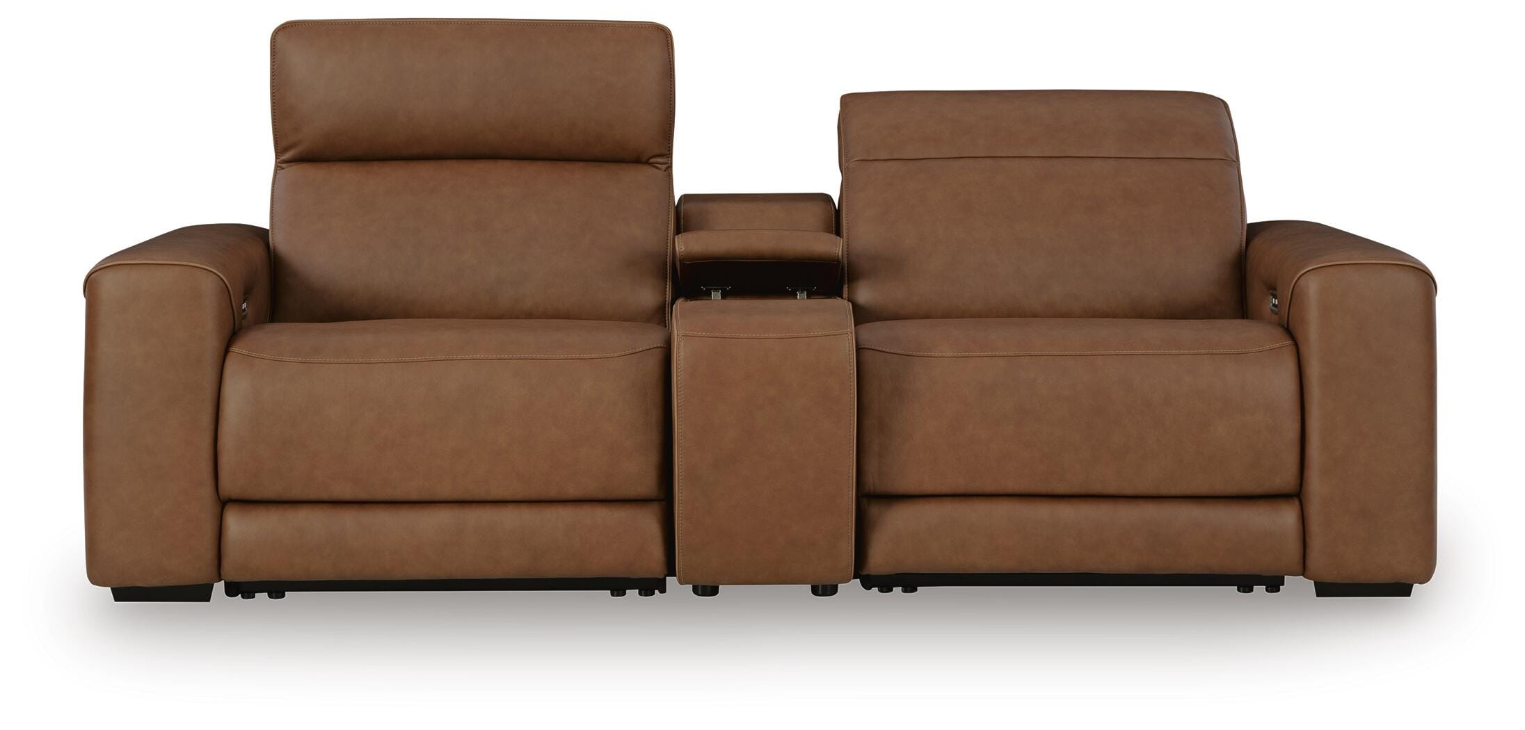 Magic Man 2-Piece Power Reclining Sectional Loveseat with Console in Caramel Leather