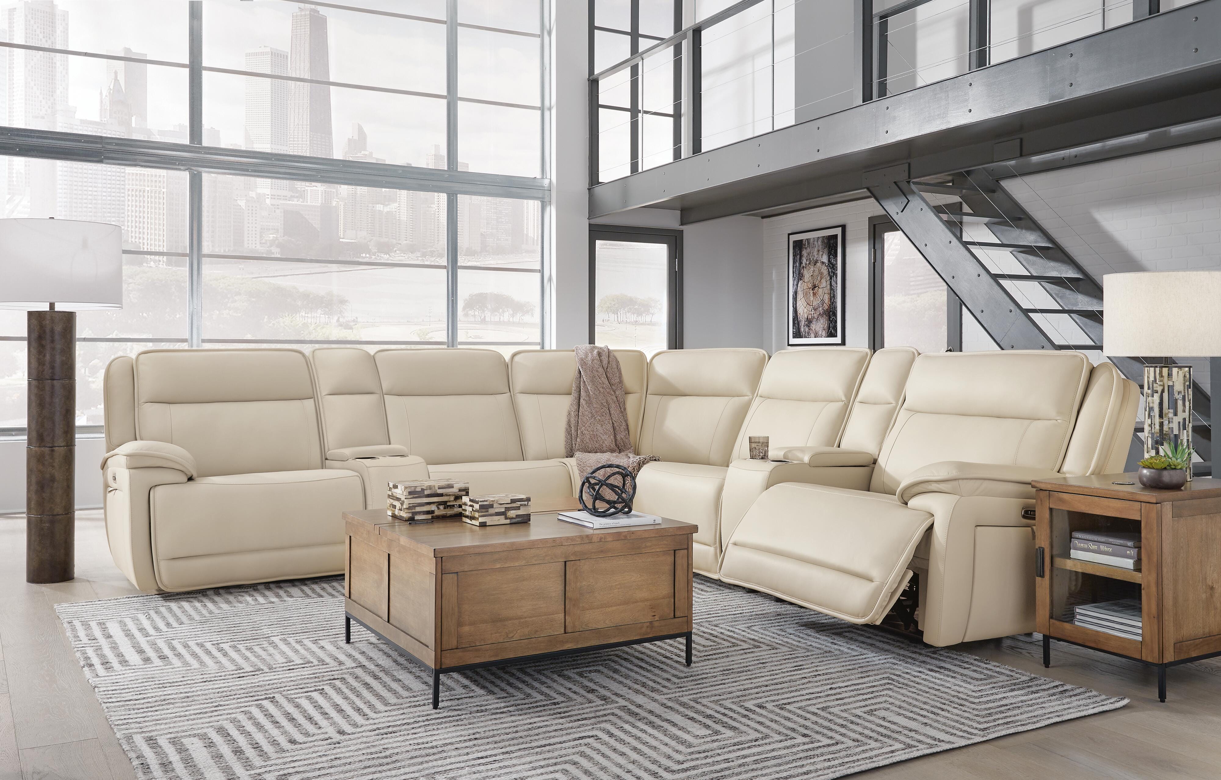 Double Deal 7-Piece Reclining Sectional with 2 Consoles in Almond Leather