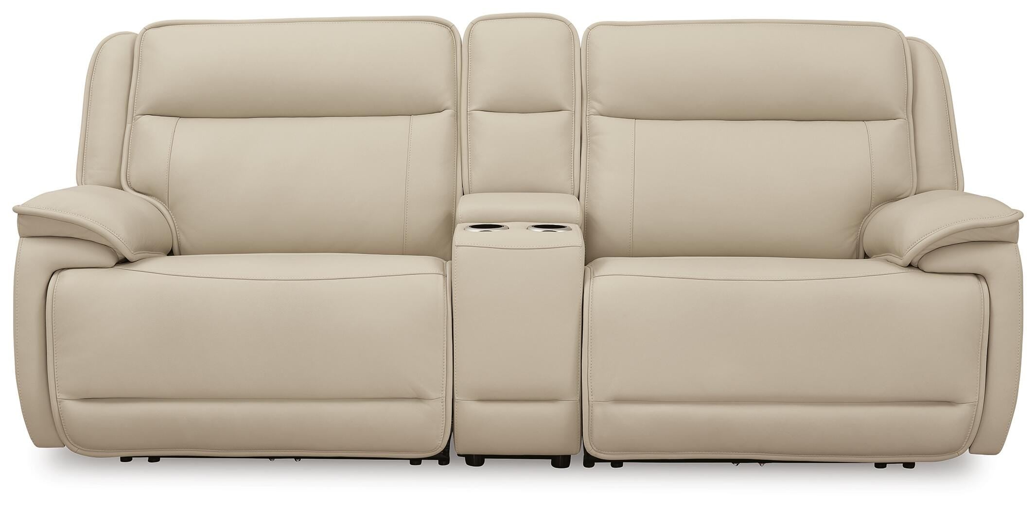 Double Deal 3-Piece Power Reclining Loveseat Sectional with Console in Almond Leather