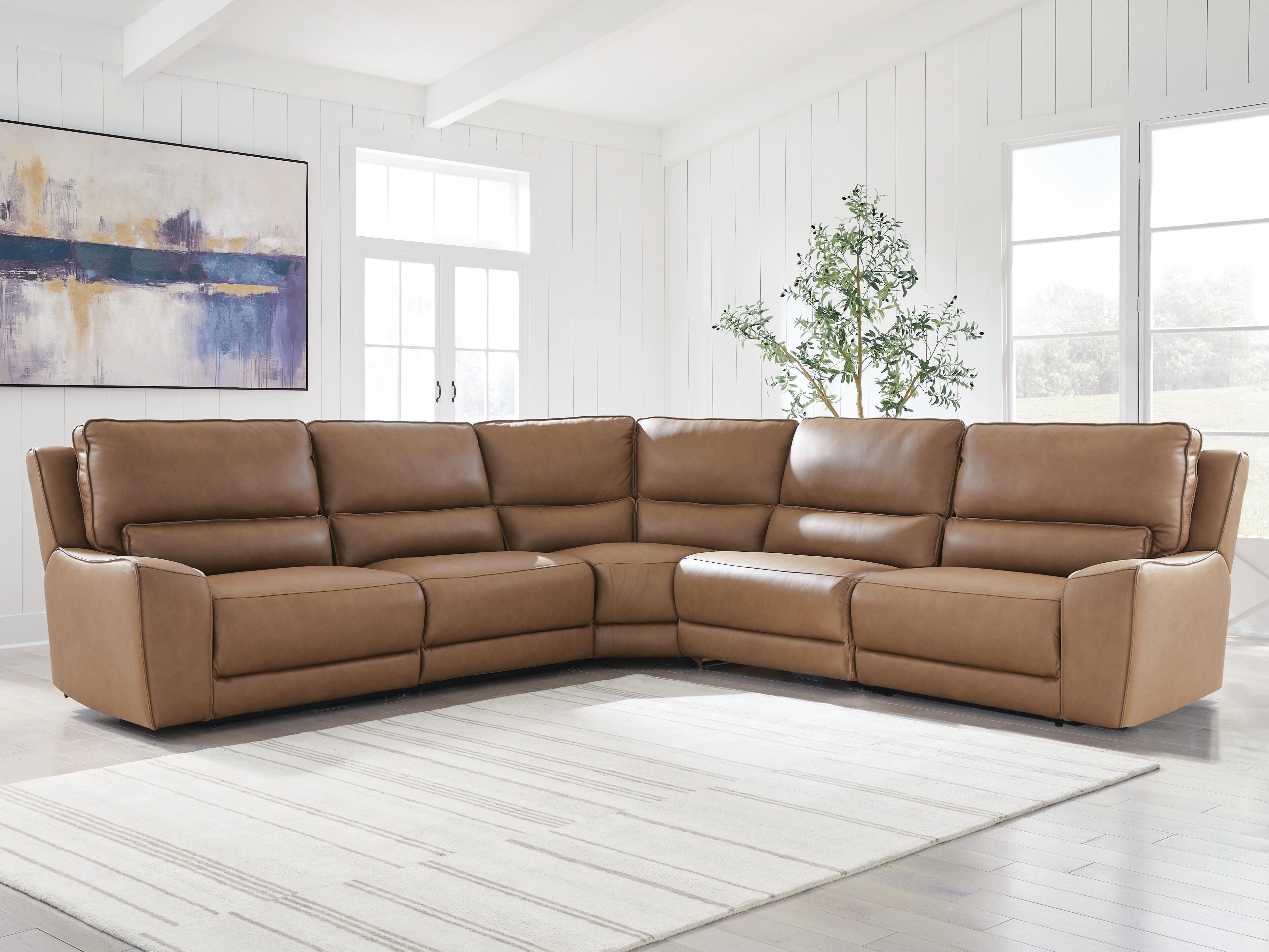 DeepWakes 5-Piece Power Reclining Sectional in Caramel Leather