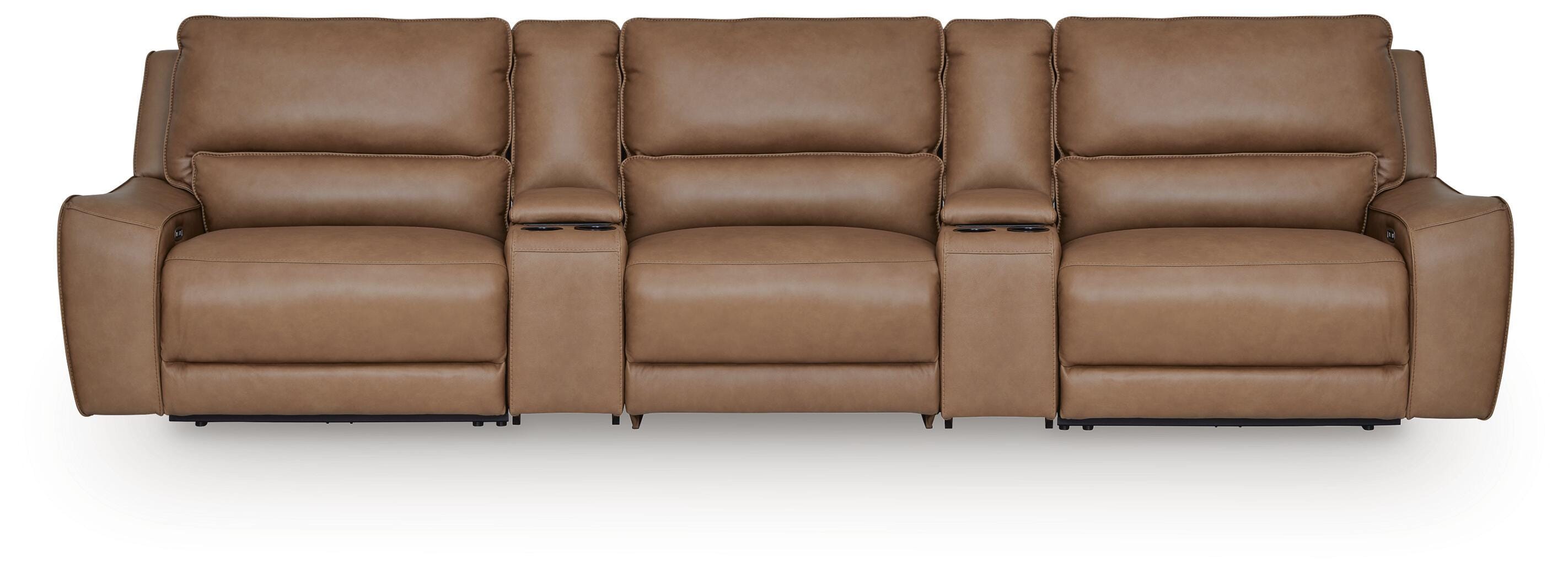 DeepWakes 5-Piece Reclining Sectional with Storage Consoles in Caramel Leather
