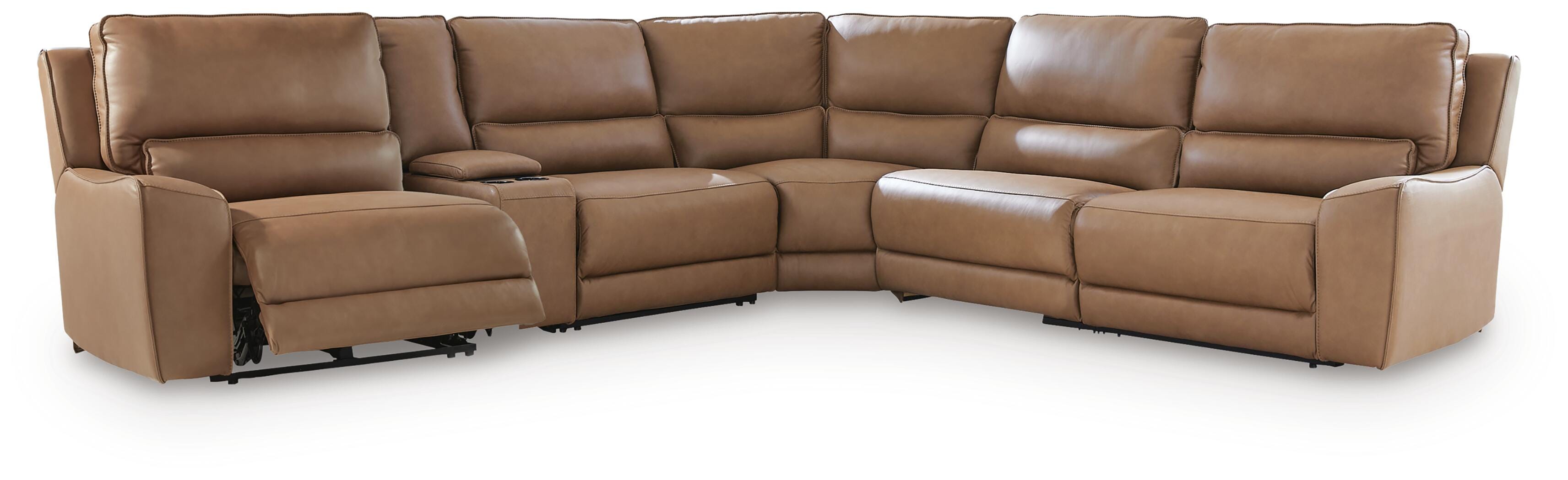 DeepWakes 6-Piece Reclining Sectional with Storage Console in Caramel Leather