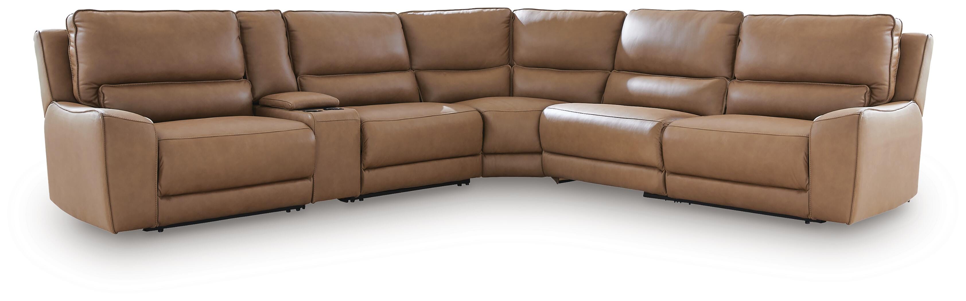 DeepWakes 6-Piece Reclining Sectional with Storage Console in Caramel Leather