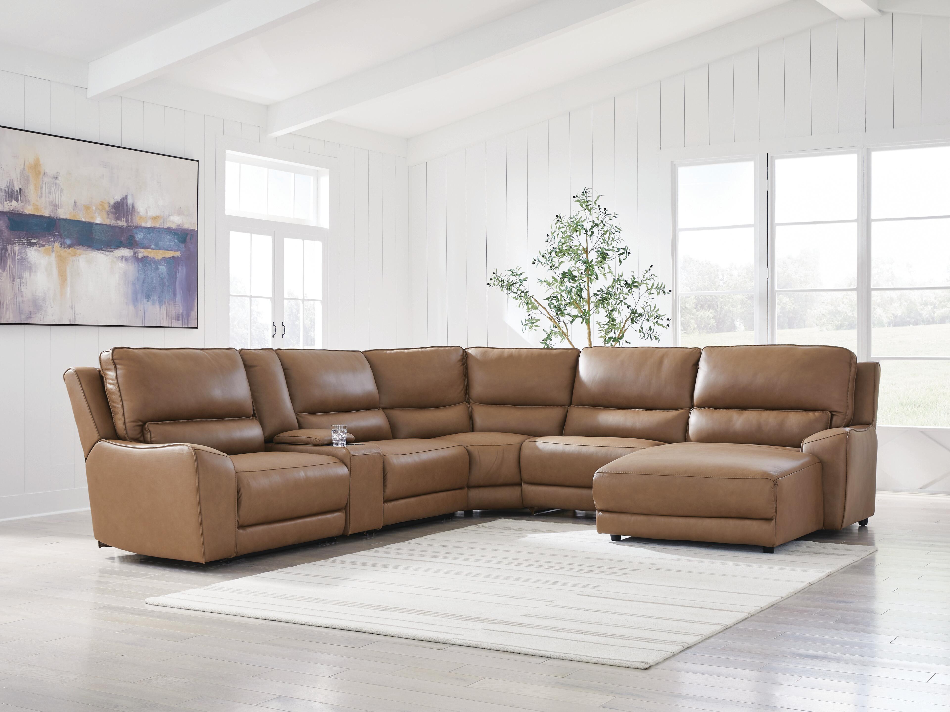 DeepWakes 6-Piece RAF Chaise Power Reclining Sectional in Caramel Leather