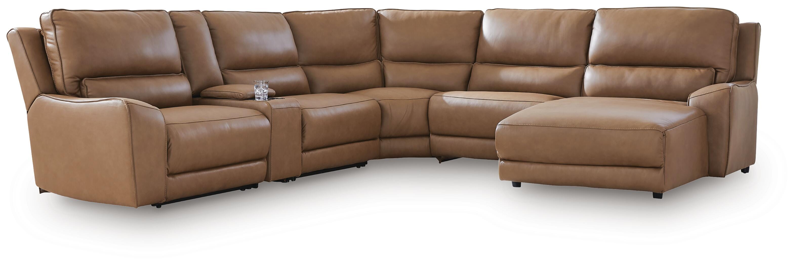 DeepWakes 6-Piece RAF Chaise Power Reclining Sectional in Caramel Leather