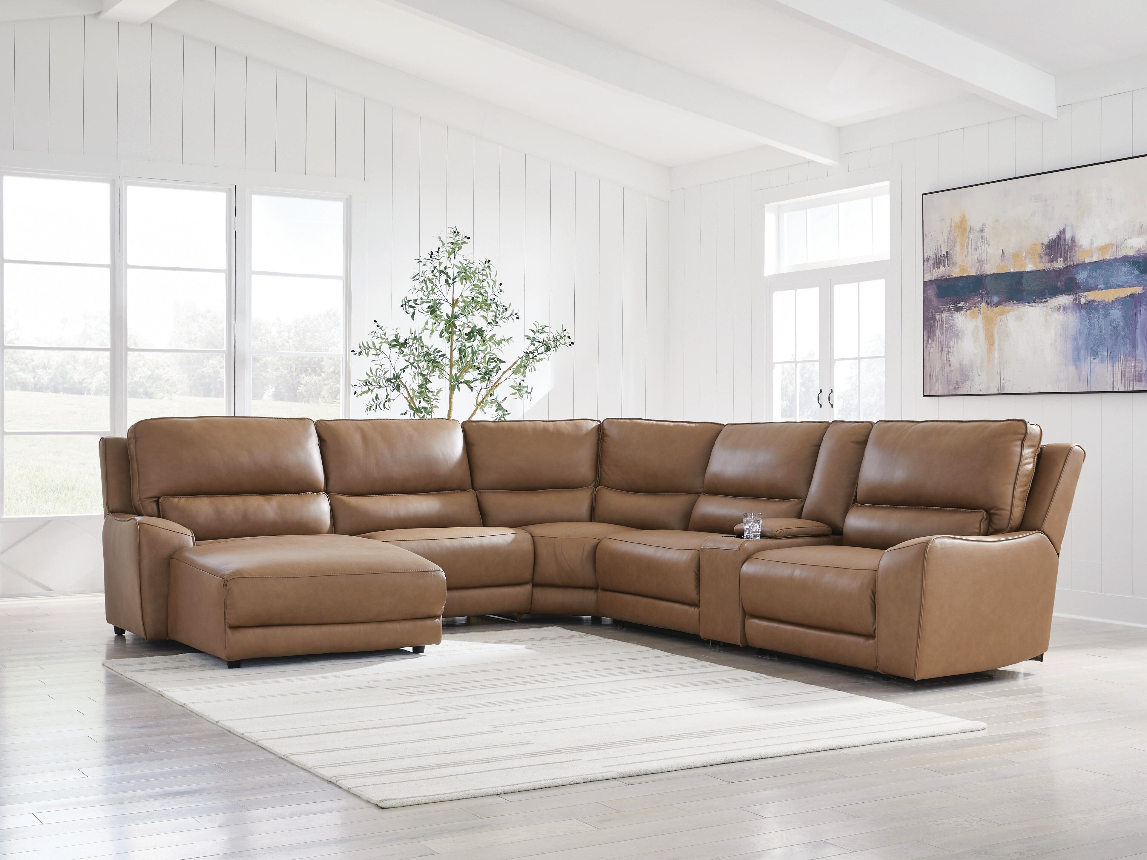 DeepWakes 6-Piece LAF Chaise Power Reclining Sectional in Caramel Leather