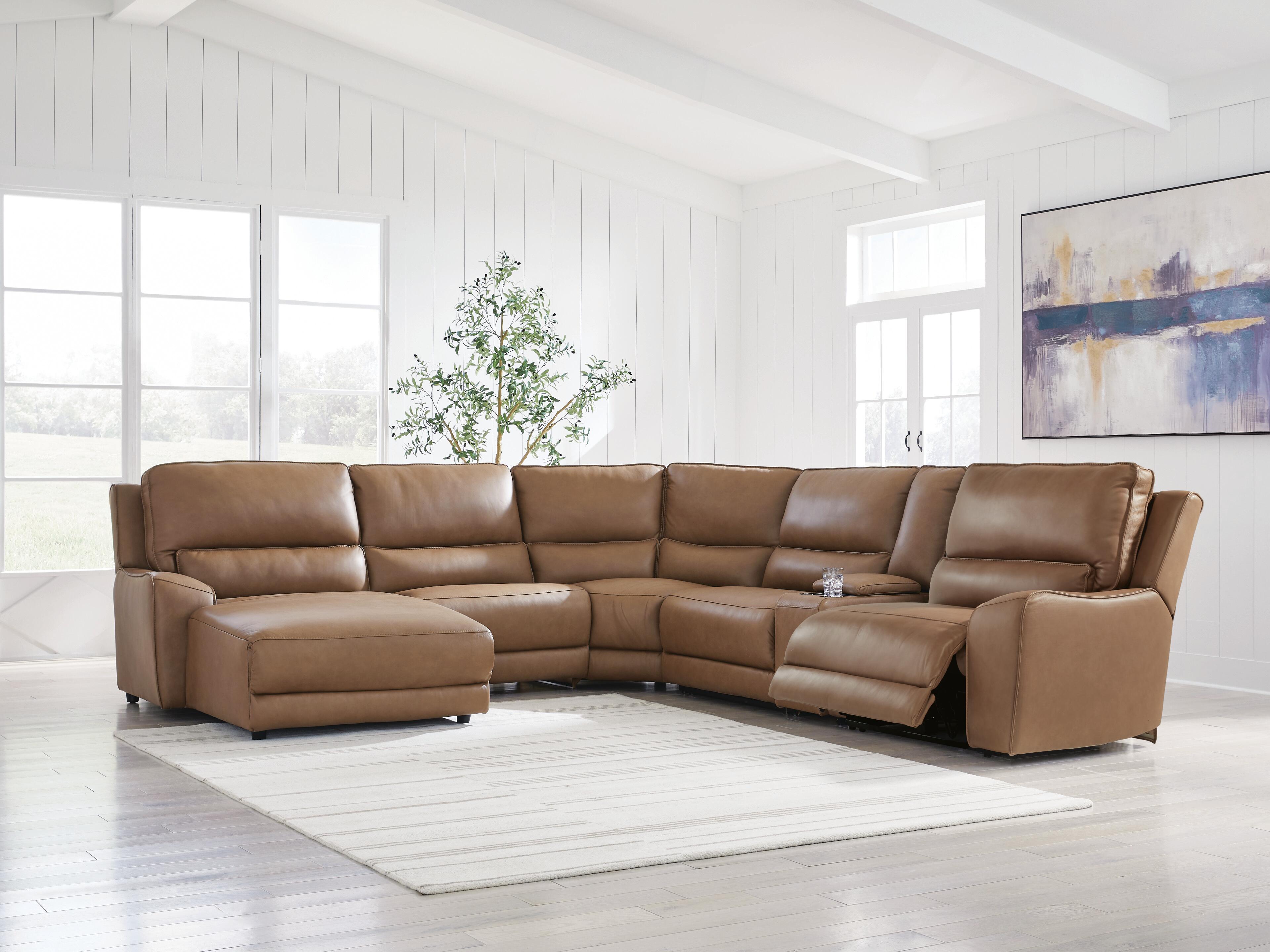 DeepWakes 6-Piece LAF Chaise Power Reclining Sectional in Caramel Leather