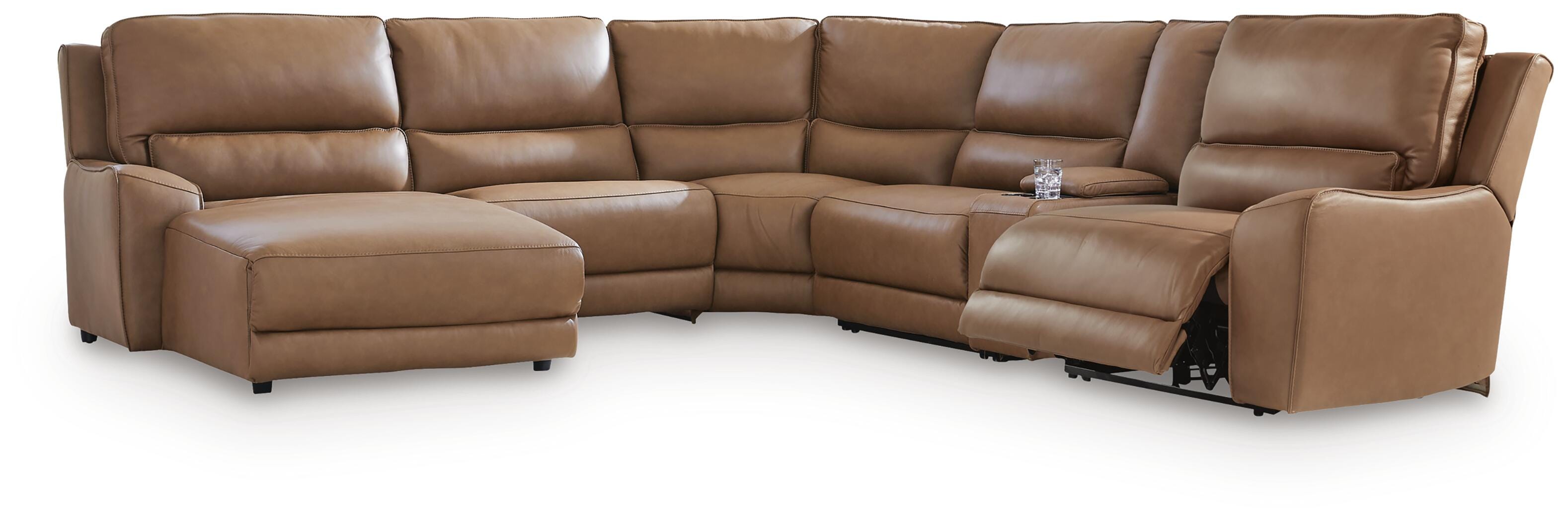 DeepWakes 6-Piece LAF Chaise Power Reclining Sectional in Caramel Leather