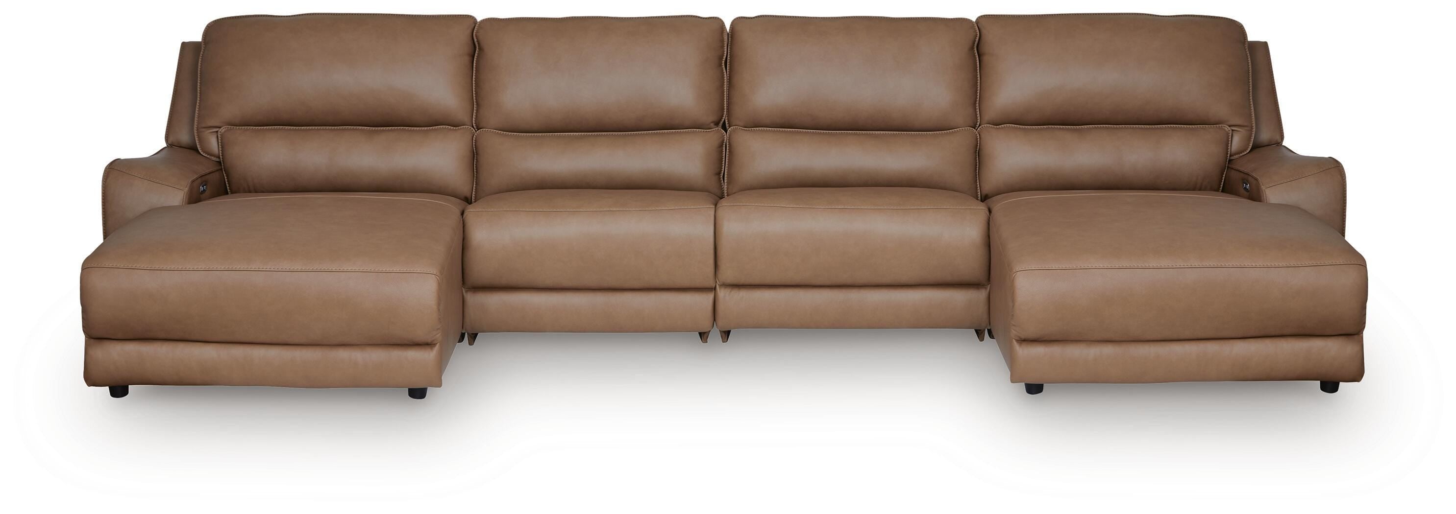 DeepWakes 4-Piece Double Chaise Power Reclining Sectional in Caramel Leather