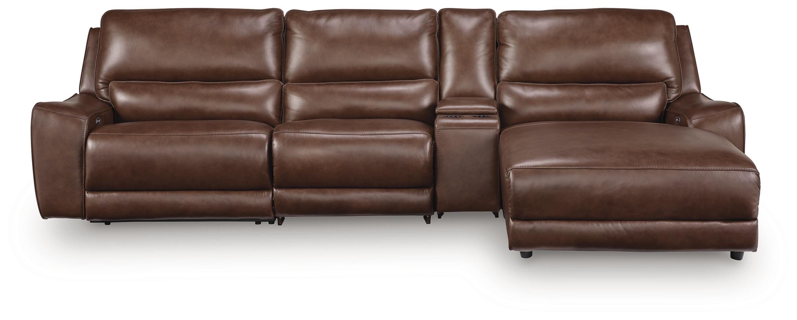DeepWakes 4-Piece RAF Chaise Reclining Sectional and Storage Console in Canyon Leather