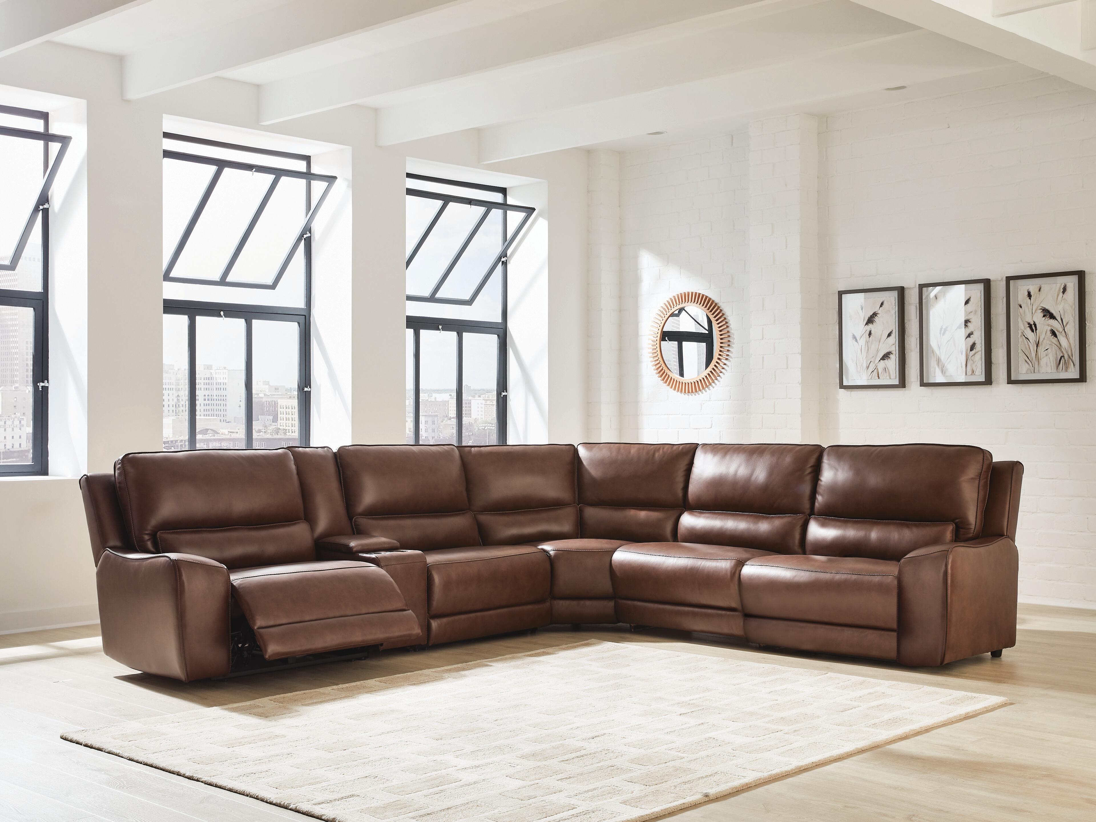 DeepWakes 6-Piece Reclining Sectional with Storage Console in Canyon Leather