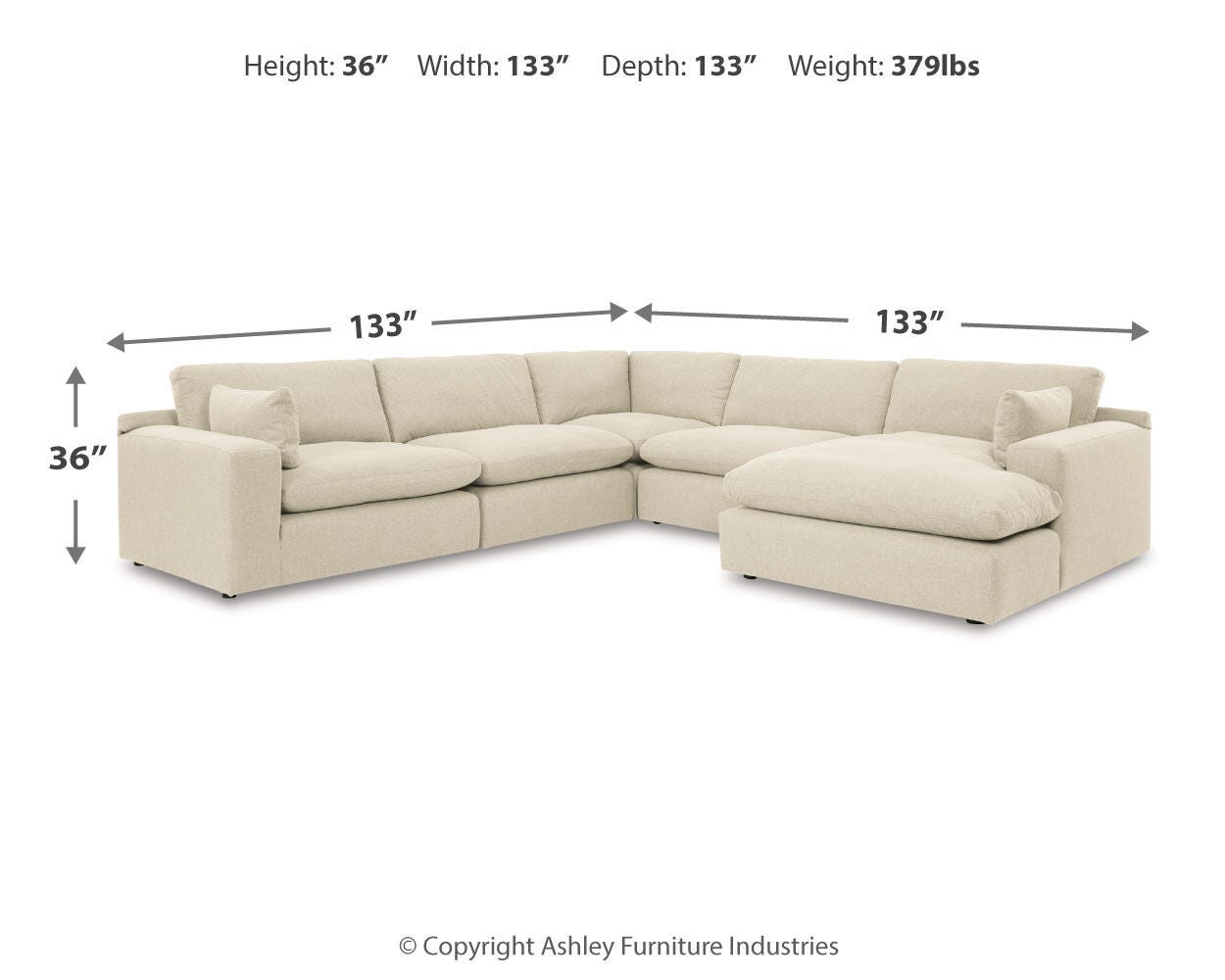 Elyza 5-Piece RAF Chaise Sectional in Linen