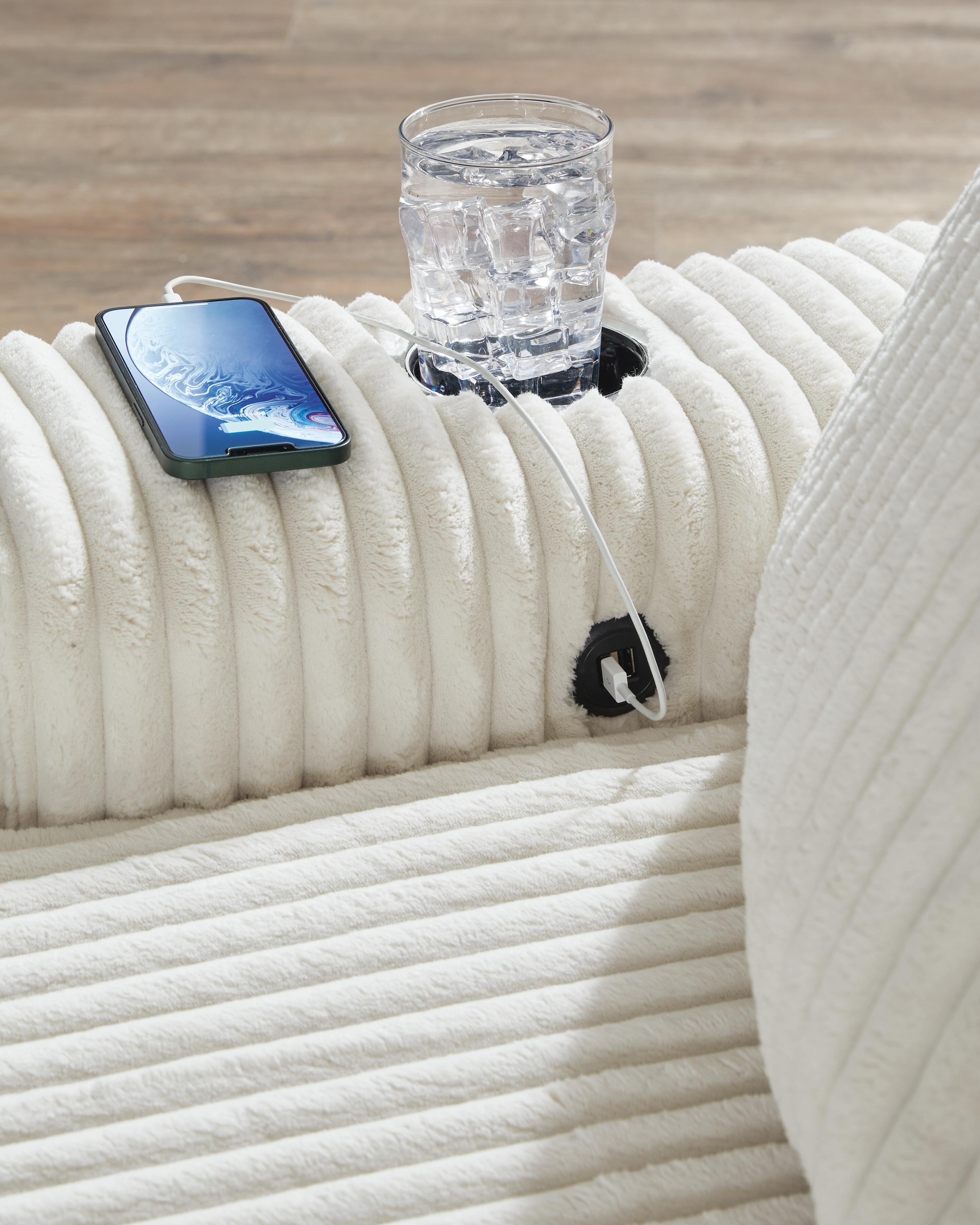 Lindyn Ivory Chaise w/ 2 Cup Holders & USB Charging Port