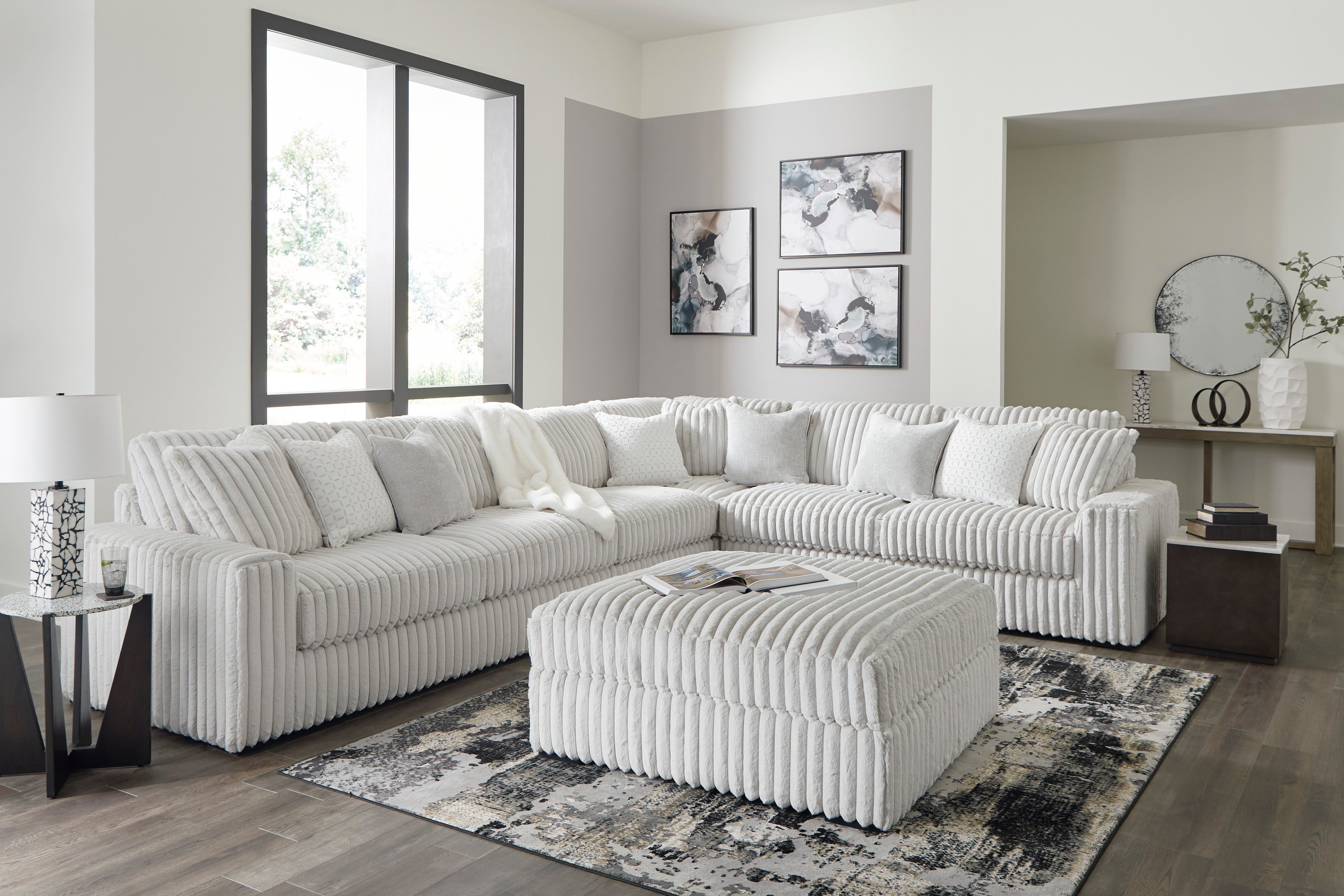 Stupendous 4-Piece Sectional and Oversized Accent Ottoman in Alloy