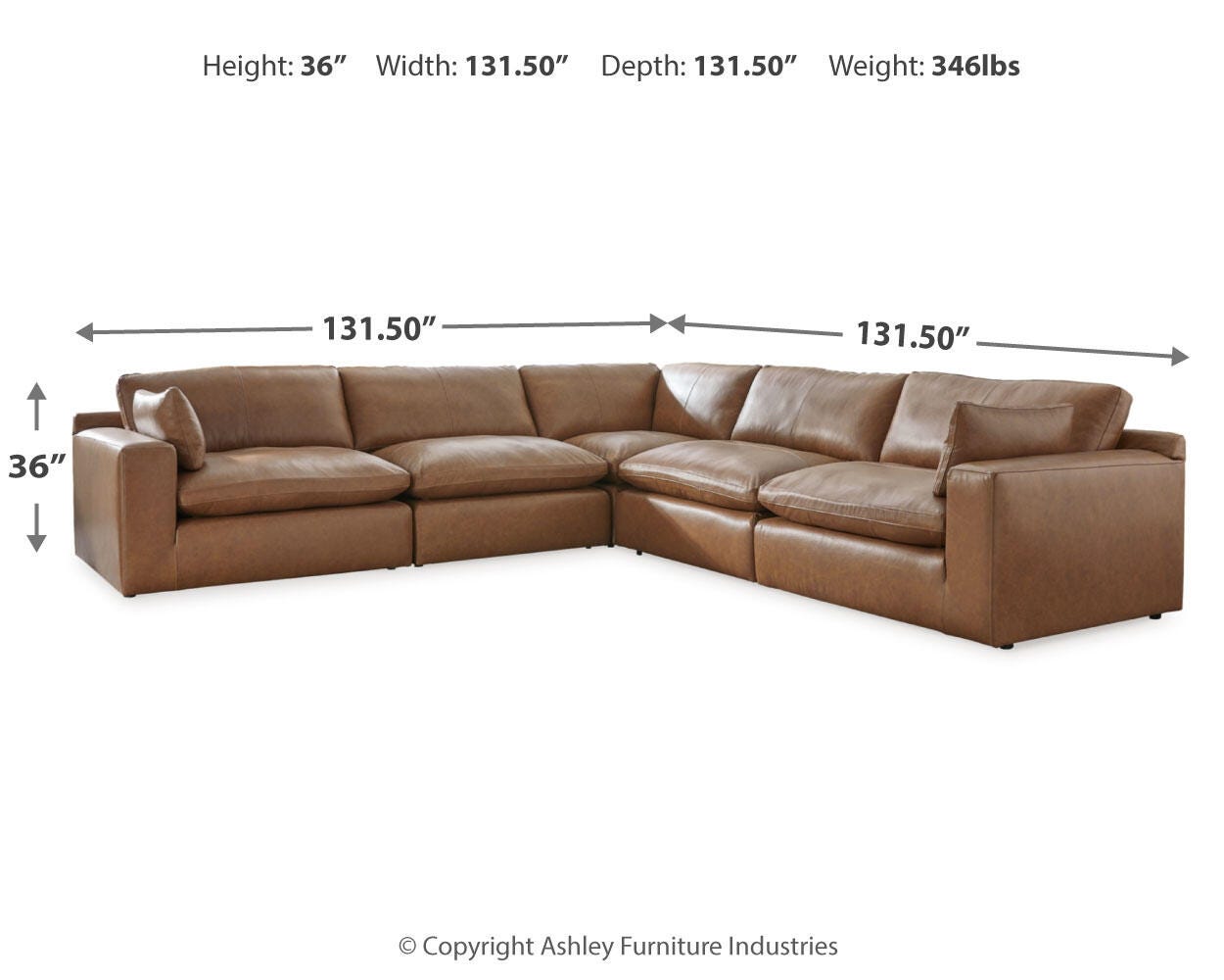 Emilia 5-Piece Sectional in Caramel Leather