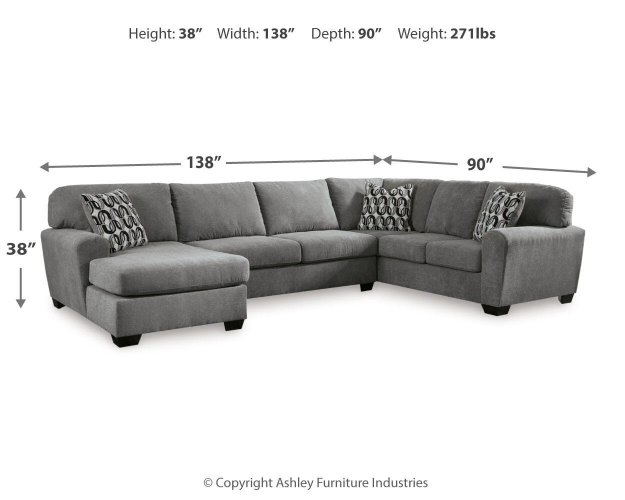 Birkdale Court 3-Piece LAF Chaise Sectional in Gray Chenille