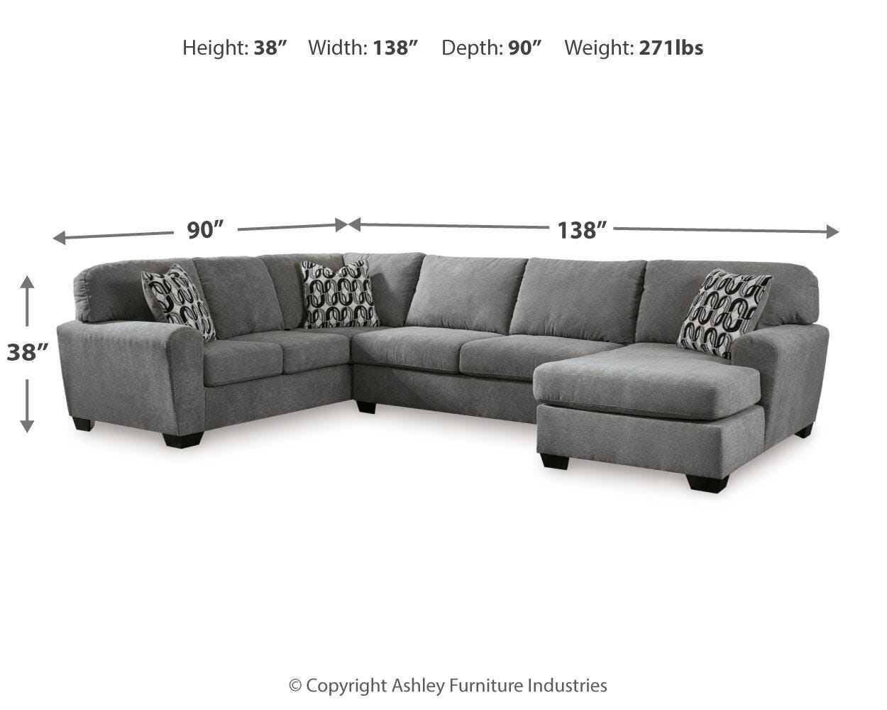 Birkdale Court 3-Piece RAF Chaise Sectional in Gray Chenille