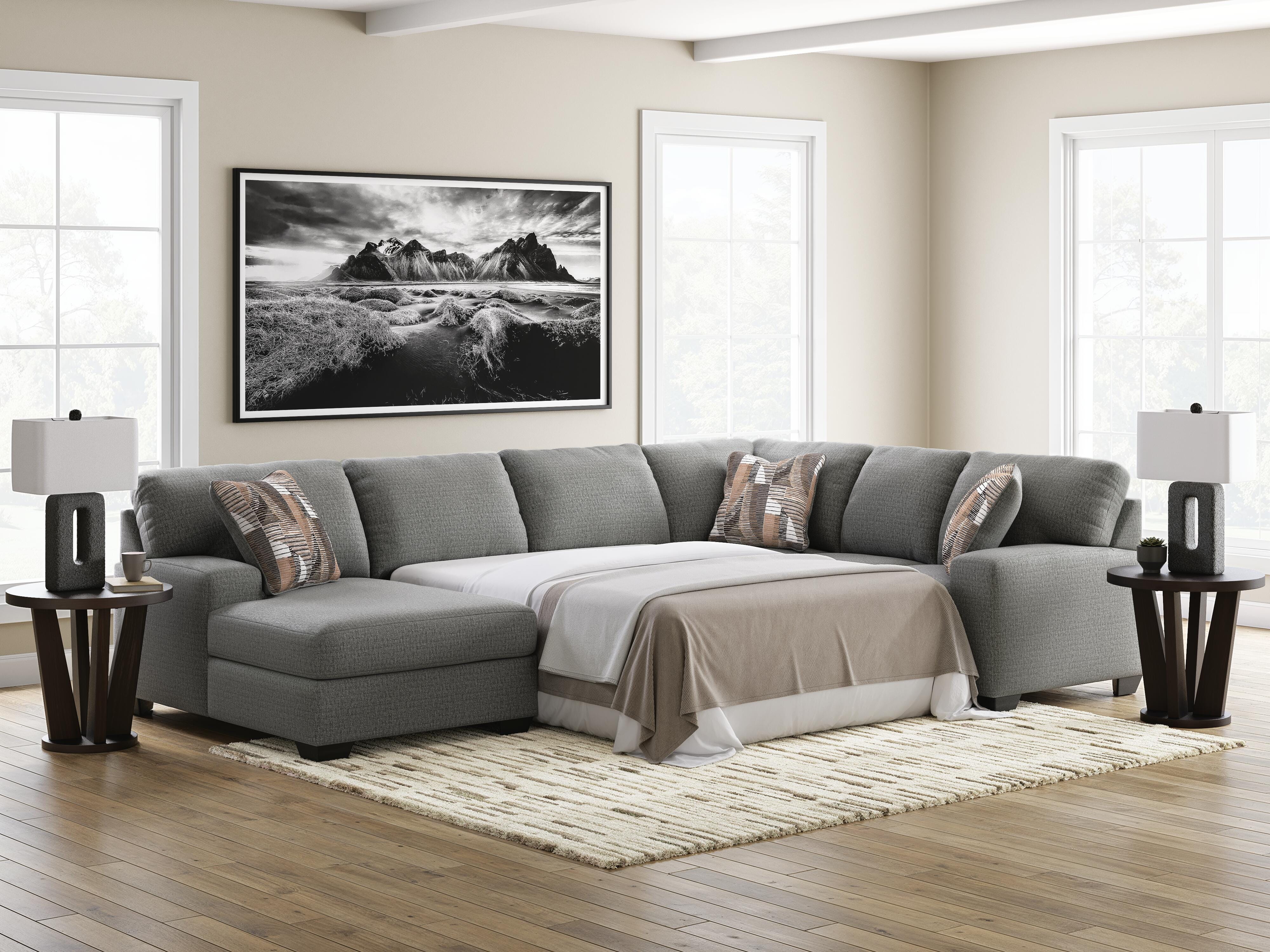 Clarington 3-Piece LAF Chaise Sleeper Sectional in Greystone Chenille