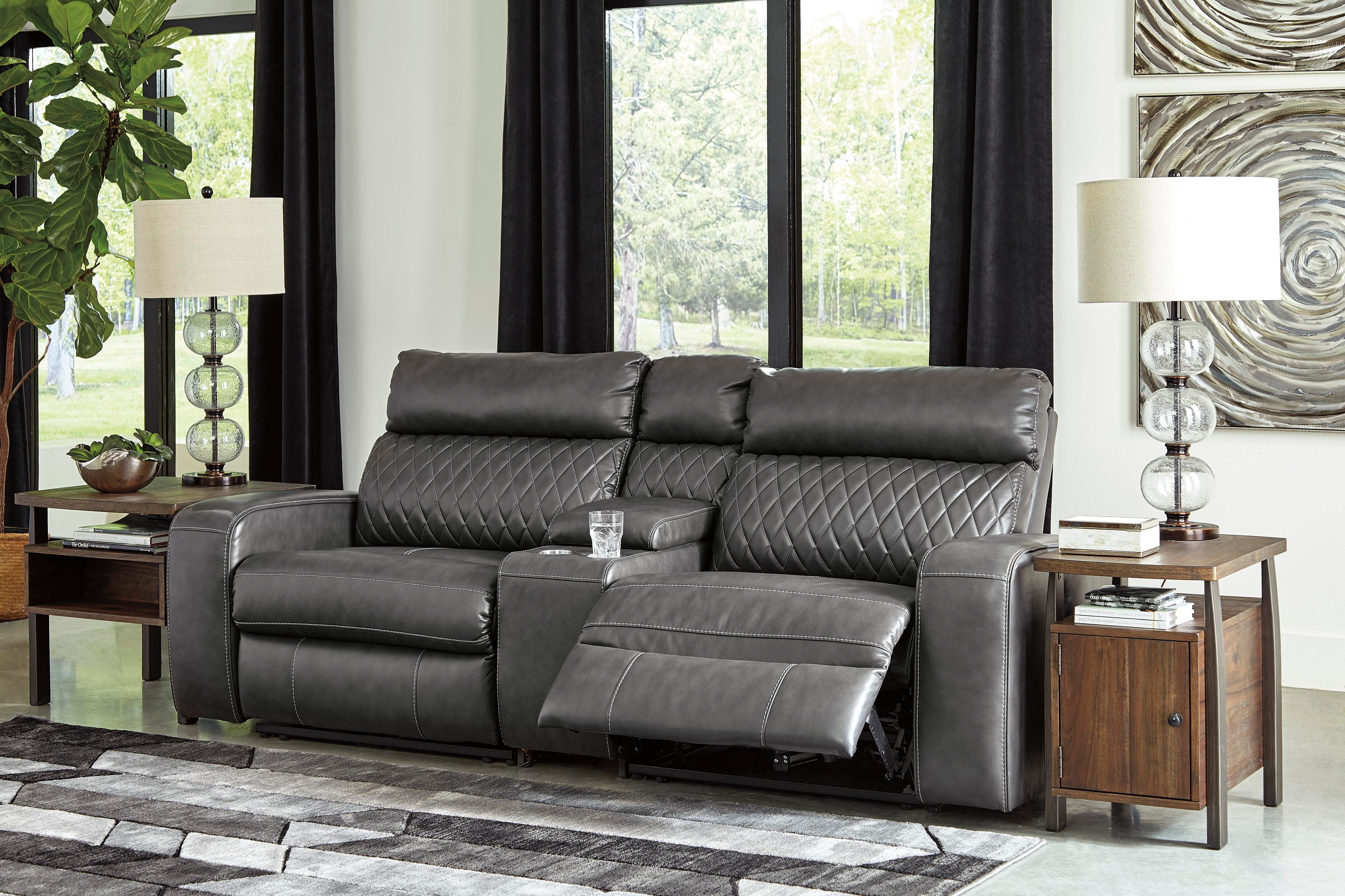 Samperstone 3-Piece Power Reclining Sectional Loveseat in Gray Faux Leather