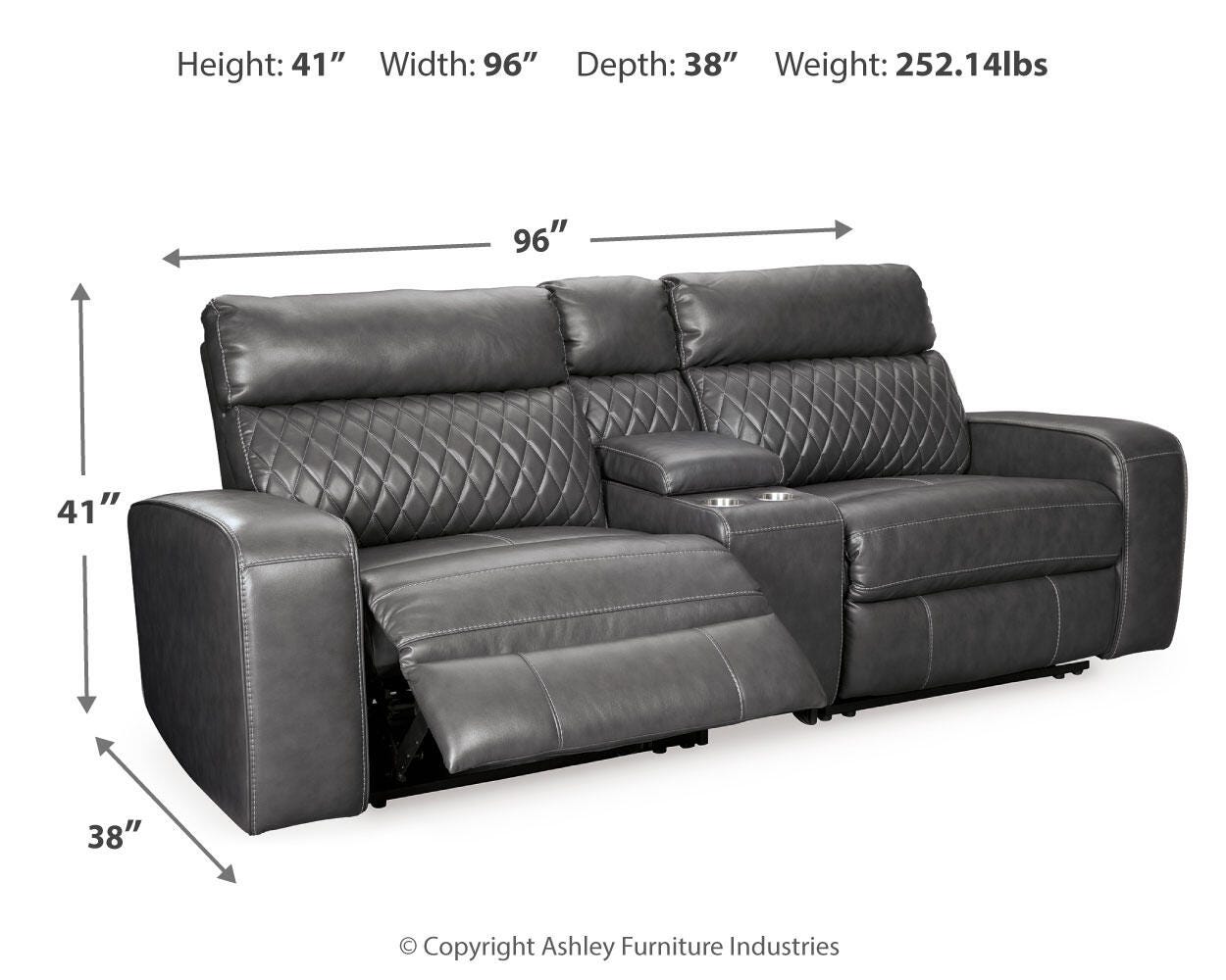 Samperstone 3-Piece Power Reclining Sectional Loveseat in Gray Faux Leather