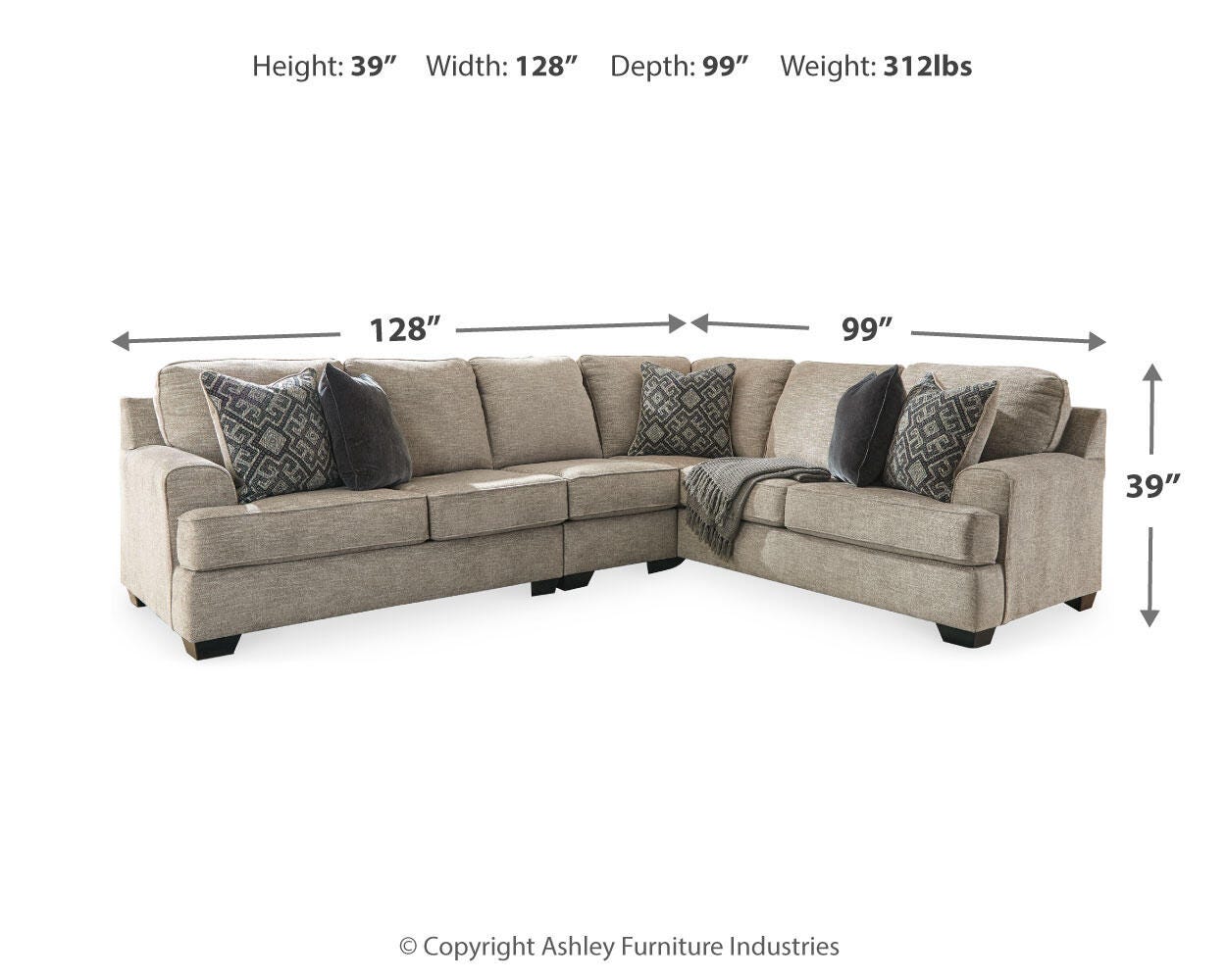 Bovarian 3-Piece RAF Sectional in Stone Chenille